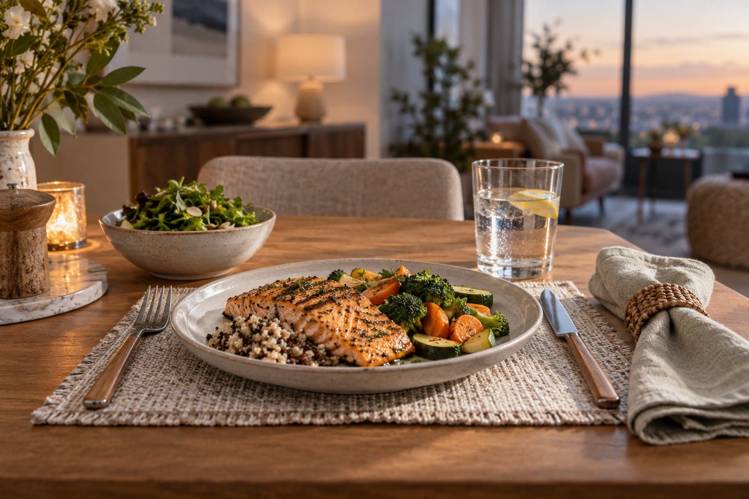 An elegantly set early-evening dining place with a modest non-spicy meal, glass of water and a linen napkin, modern airy apartment dining room