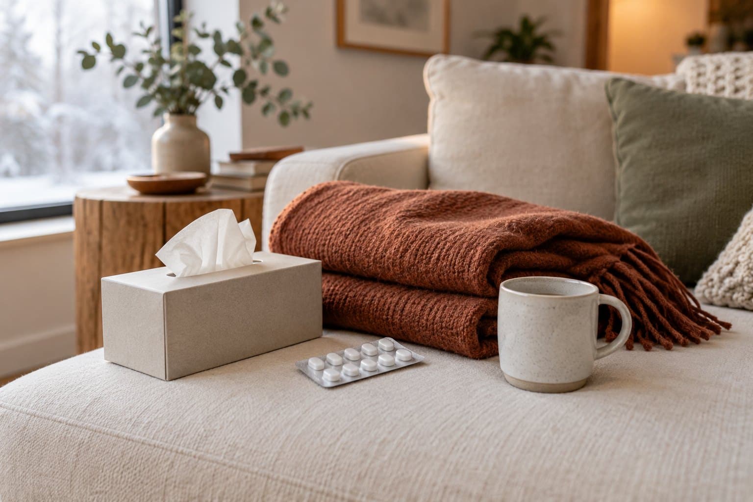 A folded muted-rust blanket, plain tablet blister and closed tissue box at the edge of a modern cream sofa, soft winter window light