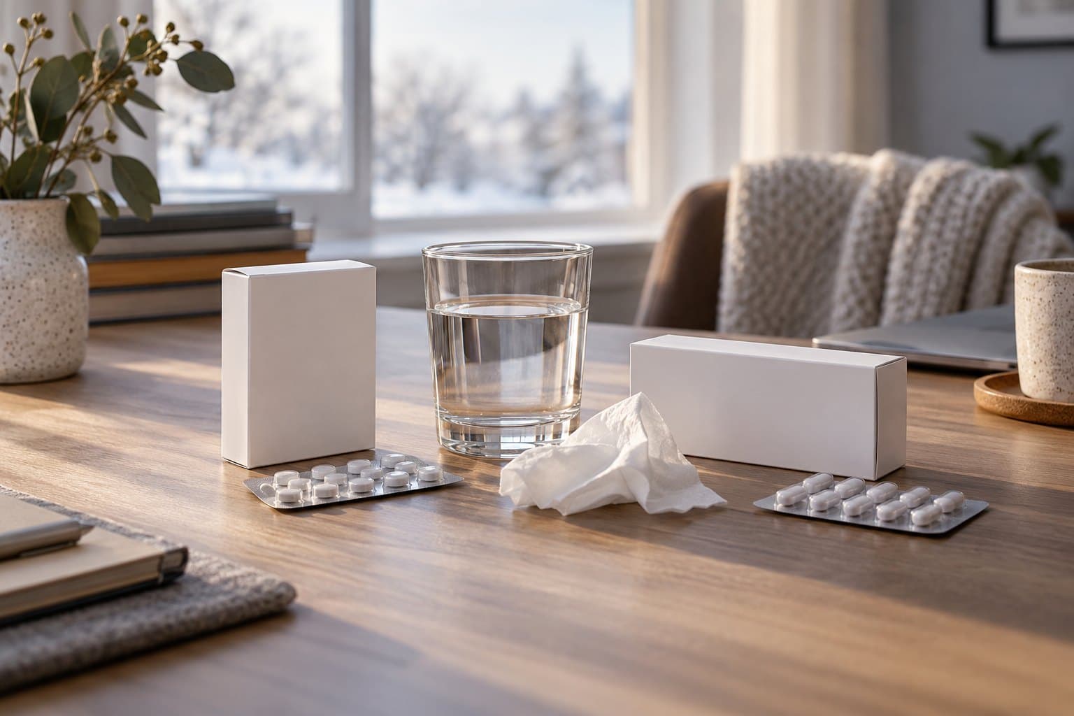 Two blank medicine cartons placed at opposing angles on a contemporary desk, a white tissue and clear water tumbler between them, soft winter light