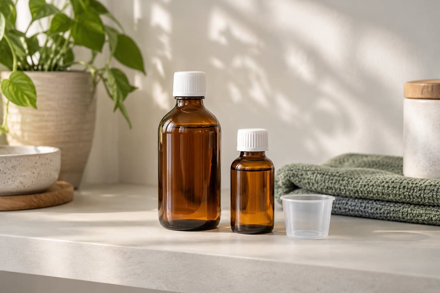 Two plain amber liquid-medicine bottles of different sizes, capped and unlabelled, alongside a simple blank dosing cup on a pale modern kitchen shelf, sage cotton towel behind