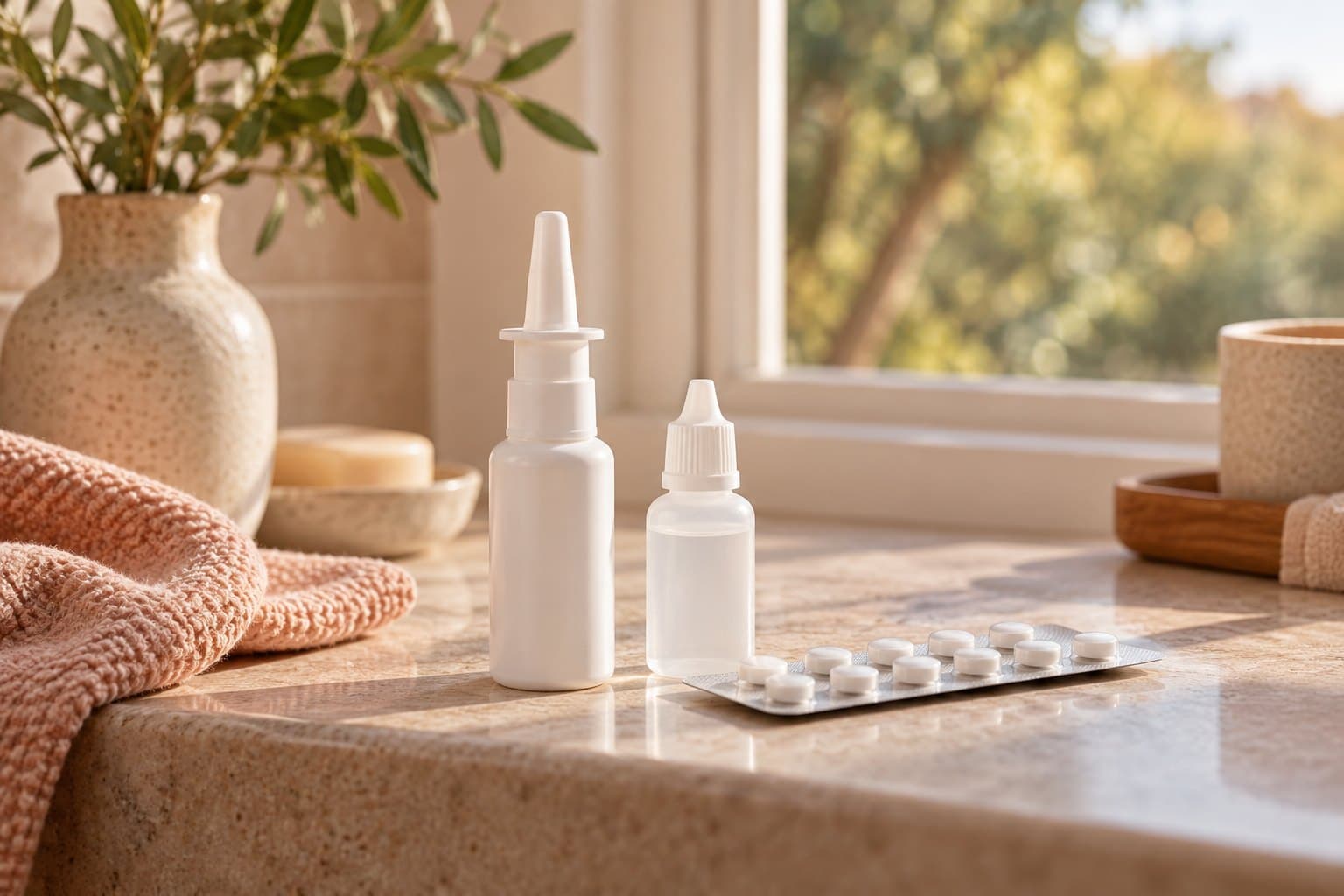 A generic unlabelled nasal spray, eye-drop bottle and tablet strip on a refined bathroom ledge, a leafy tree seen through a blurred window, muted apricot palette