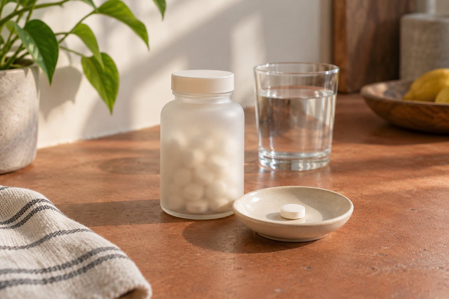 An unlabelled frosted antacid bottle and a plain chewable tablet in a shallow ivory dish on a warm clay countertop, a clear water glass behind