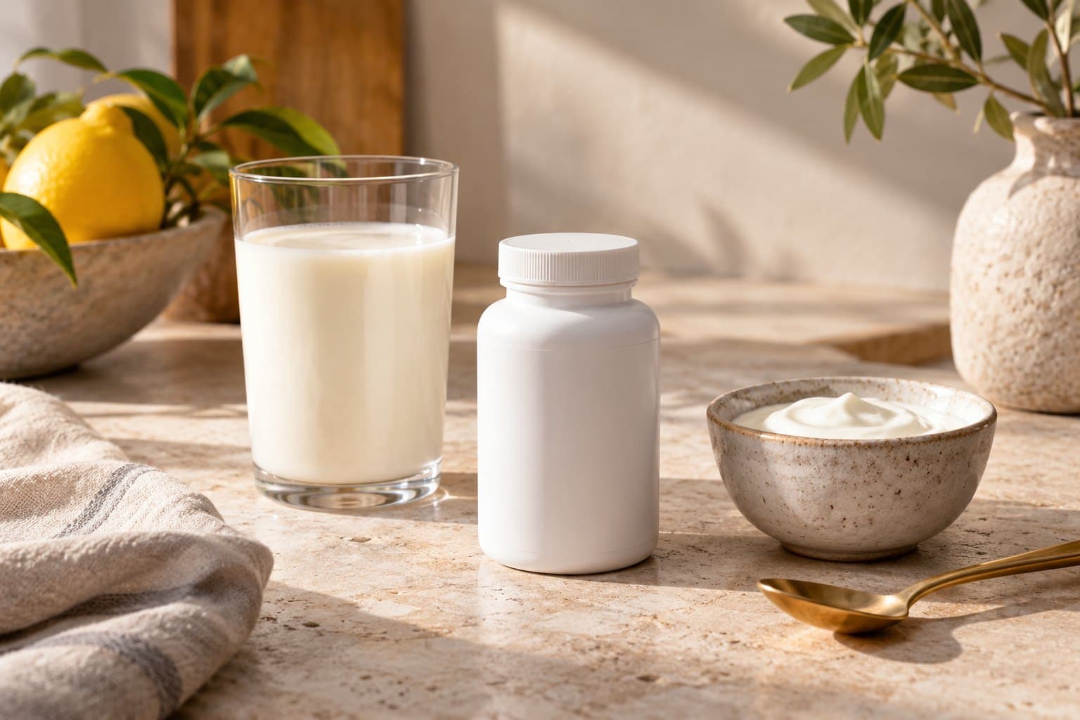 A plain white supplement bottle beside a glass of milk and small ceramic bowl of yogurt on a sunny limestone table, muted golden accent