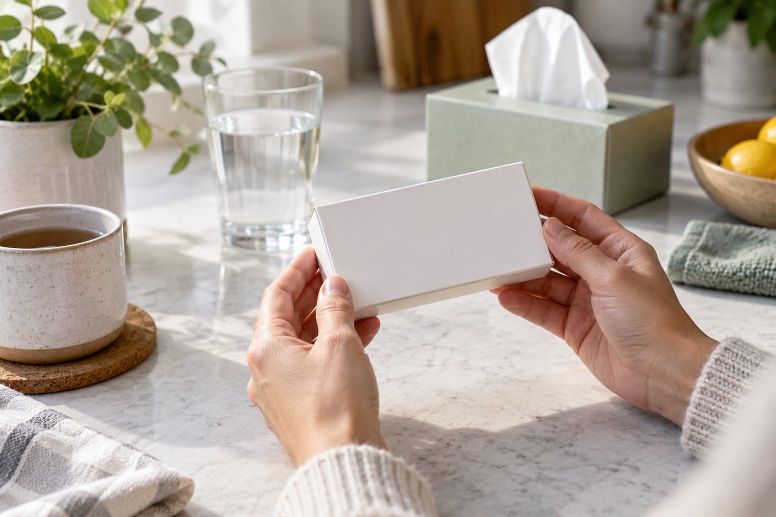 Cropped hands holding a completely blank medicine carton for inspection at a clean modern counter, tissues and water behind, natural realistic fingers