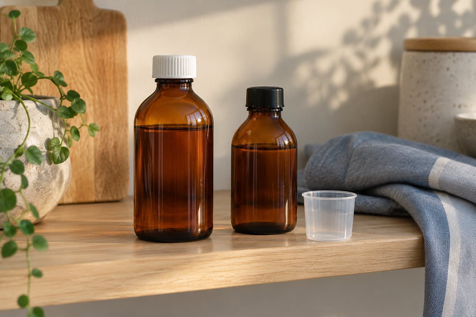 Two plain amber syrup bottles with different cap shapes and an empty clear medicine cup on a light oak kitchen shelf, warm winter light and soft blue-gray linen