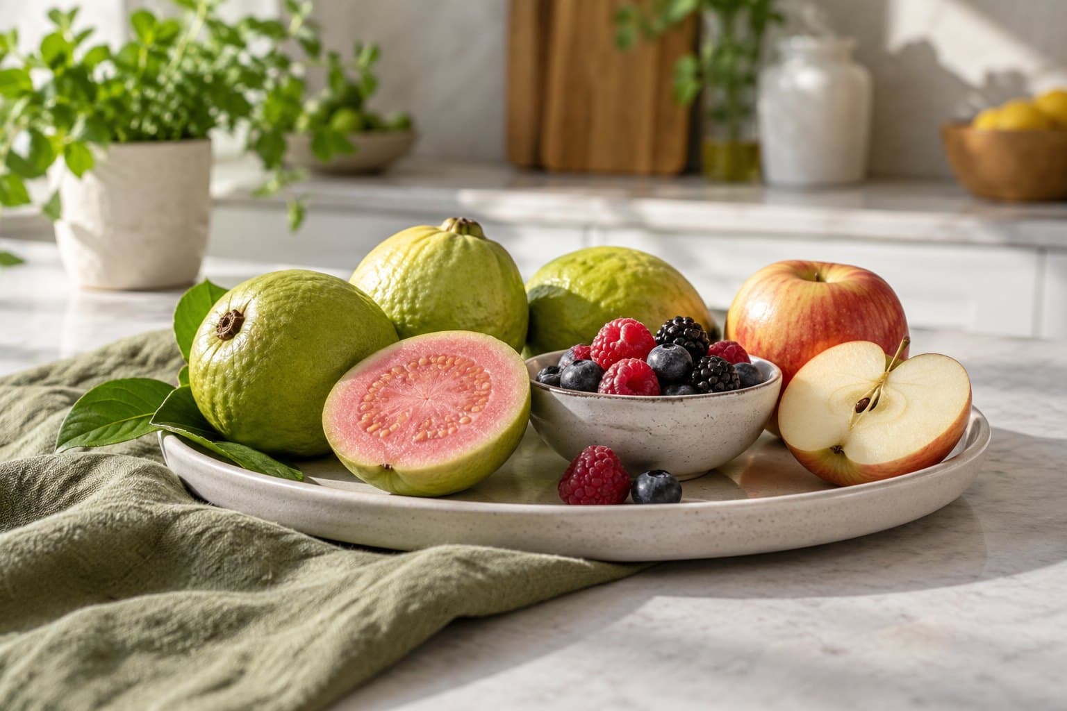 A sculptural arrangement of whole guavas, a cut apple and a modest bowl of berries on a pale ceramic platter, modern kitchen, olive linen, crisp true
