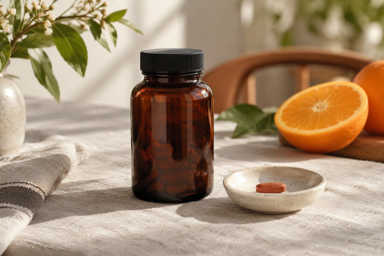 A plain dark amber supplement bottle and a single reddish-brown unmarked tablet in a tiny ivory dish on a linen-covered table, a cut orange softly blurred behind