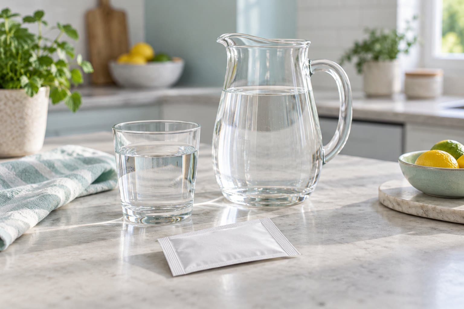 A transparent pitcher of water, a clear drinking glass and a single blank sealed rehydration sachet on a modern kitchen counter, pale aqua accent, no mixing demonstration