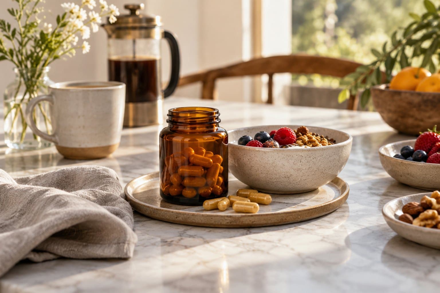 An open plain amber supplement jar with several unmarked capsules on a small ceramic tray beside an elegantly arranged breakfast setting, natural warm bronze accent