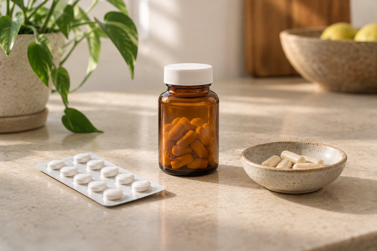 Three distinct generic medicine forms, plain white tablets in a blank blister, an amber bottle and a pale capsule in a small ceramic dish, arranged with deliberate spacing on a warm beige countertop
