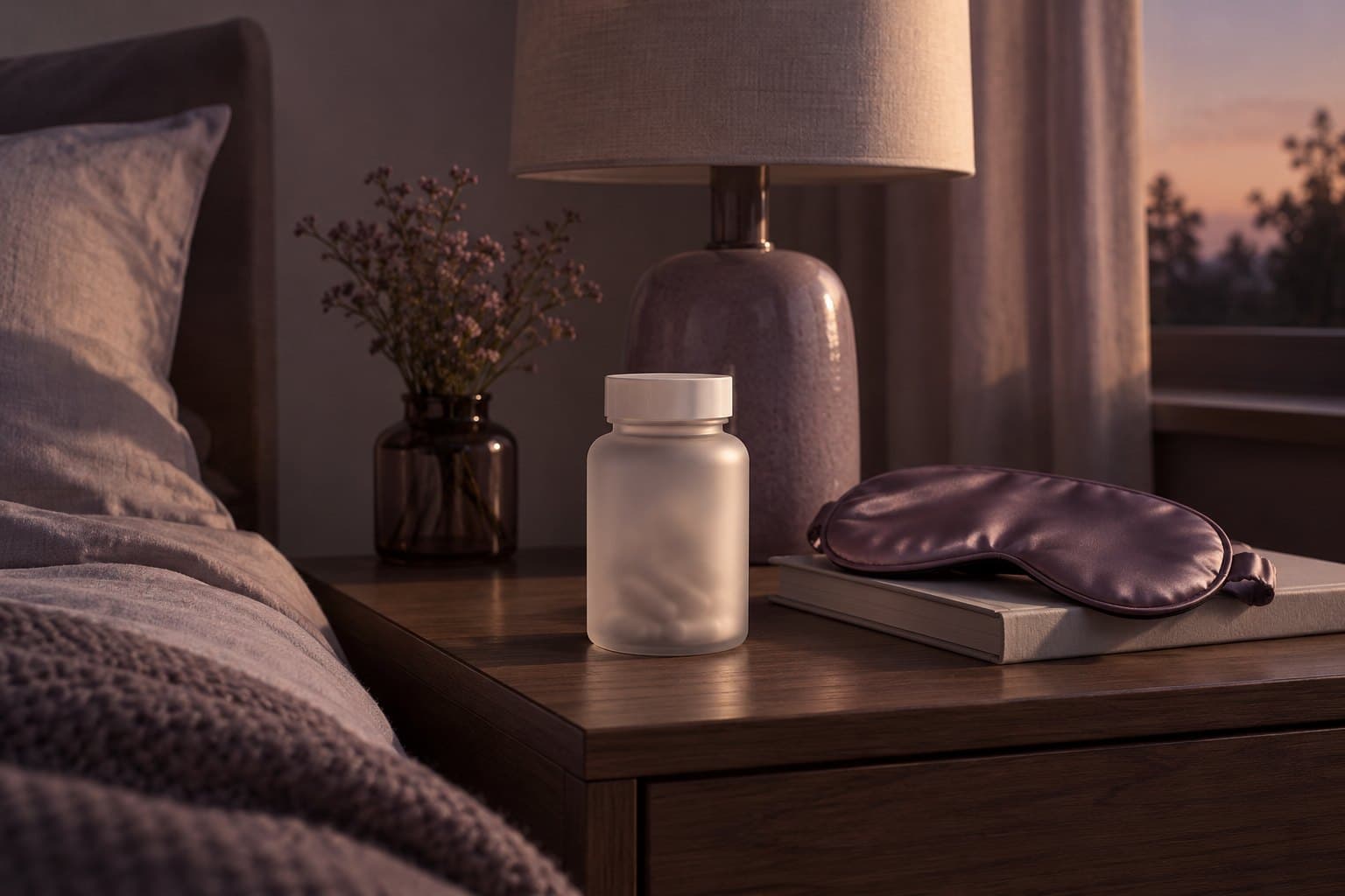 An untouched plain frosted medicine bottle on a bedside shelf beside a folded silk sleep mask and an unlit lamp, restrained dusty plum palette and dusk light