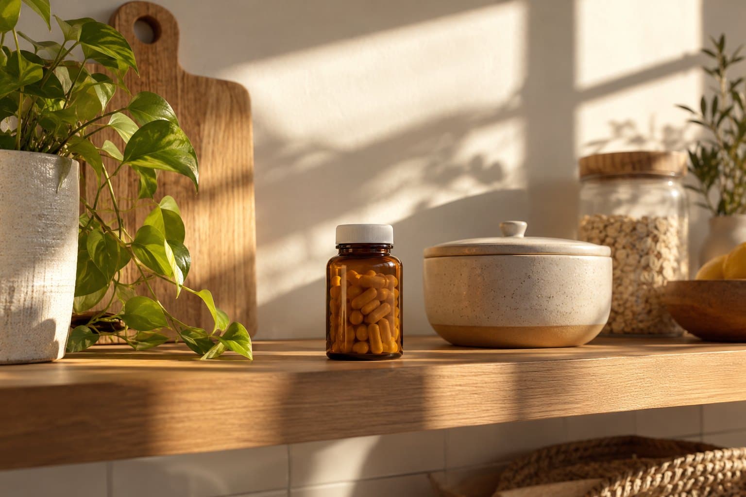 A small plain supplement bottle and closed breakfast bowl on a sunlit kitchen shelf, long morning window shadows, amber and wheat tones, no clock face