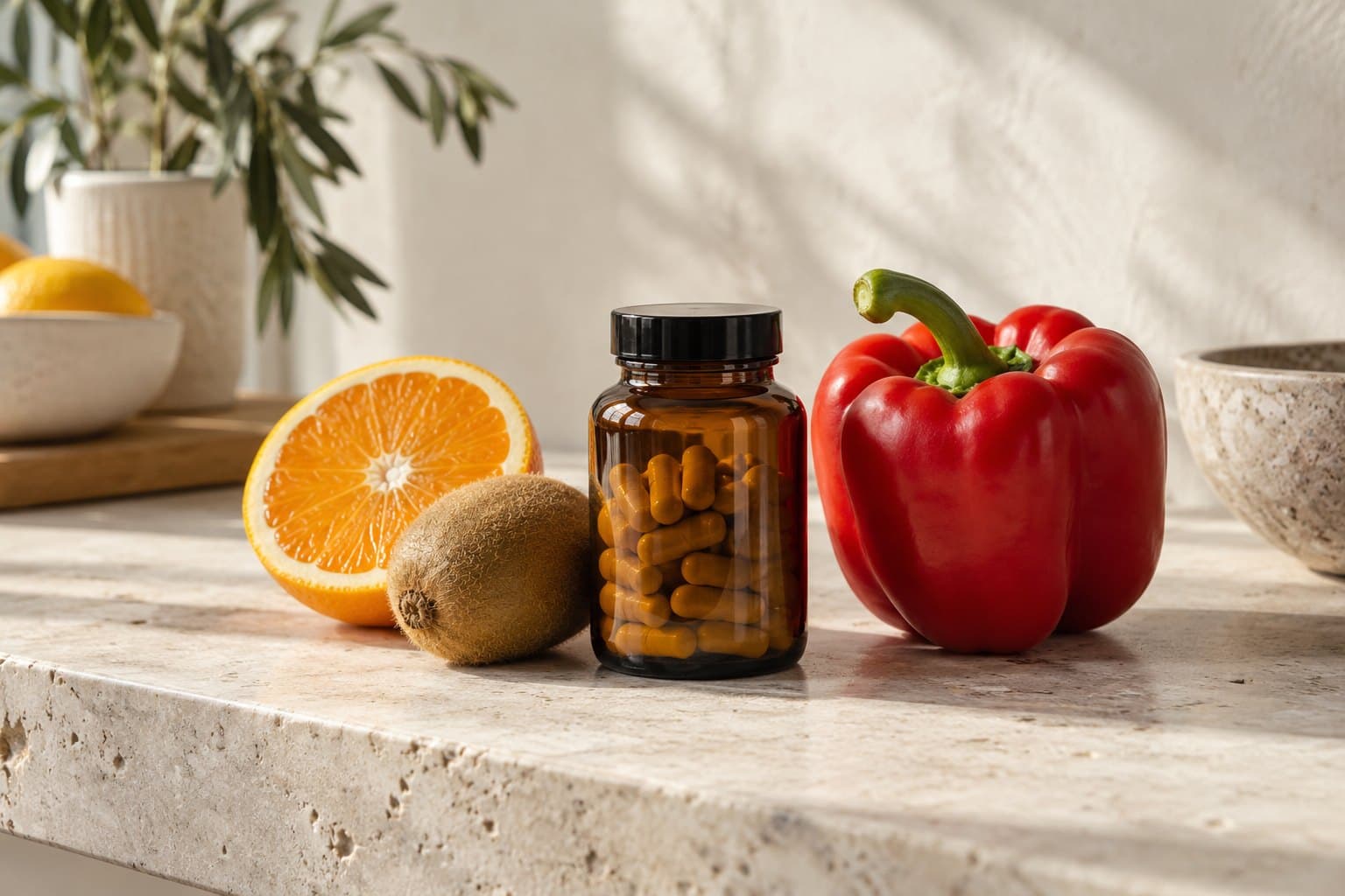 A cut orange, whole kiwi and red bell pepper beside one plain amber supplement jar on cream limestone, vibrant but natural food textures