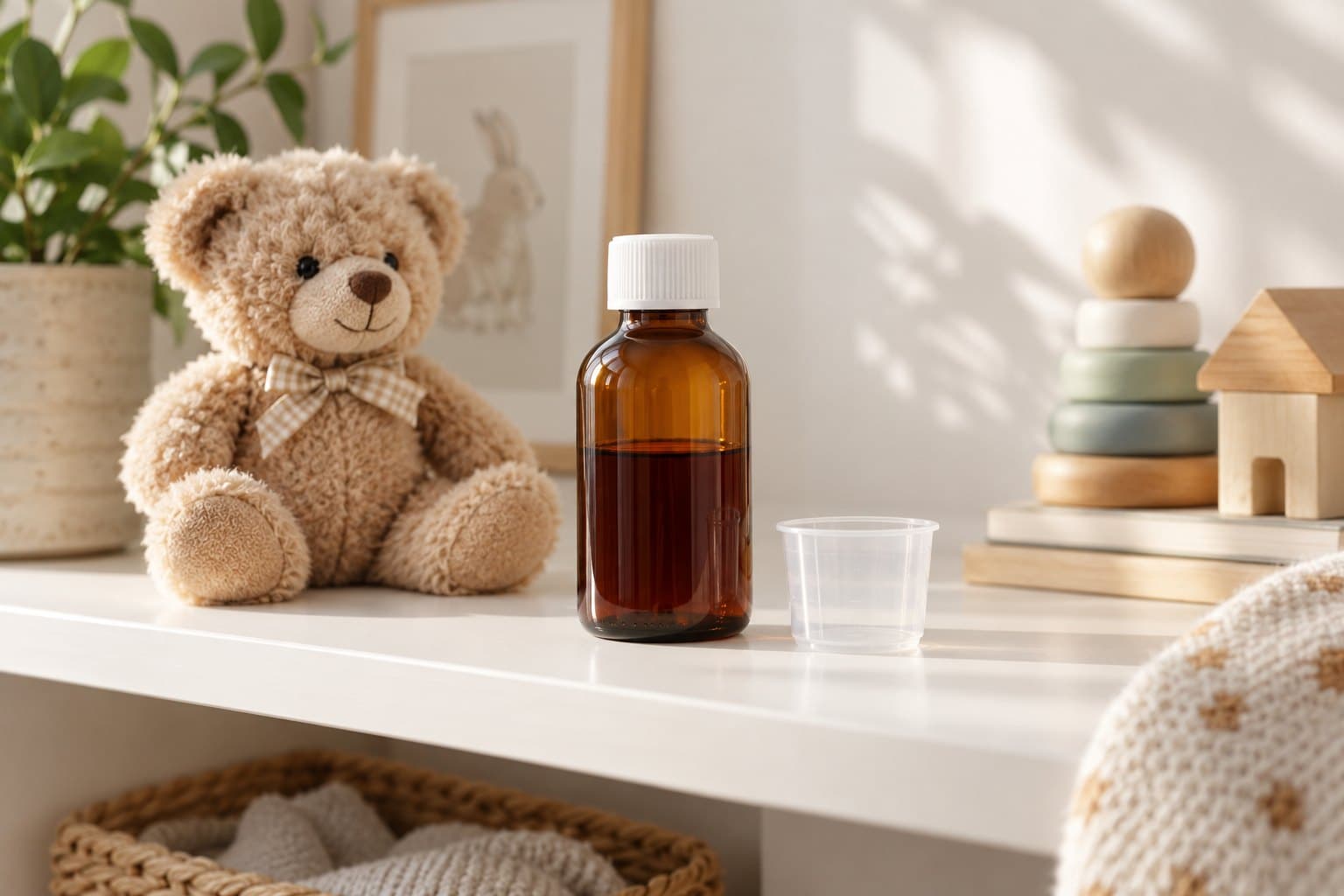One unbranded amber syrup bottle and a clear empty medicine cup beside a small plush bear on a warm white nursery shelf, natural daylight, no measurement marks