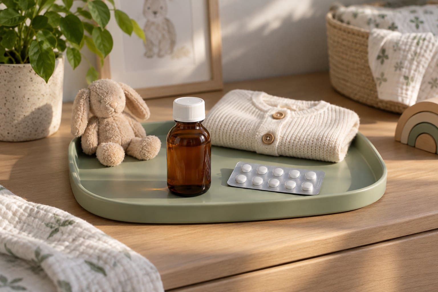 A plain amber syrup bottle and a plain tablet blister separated on a sage nursery tray, tiny folded cotton cardigan behind, no child and no dosing instructions