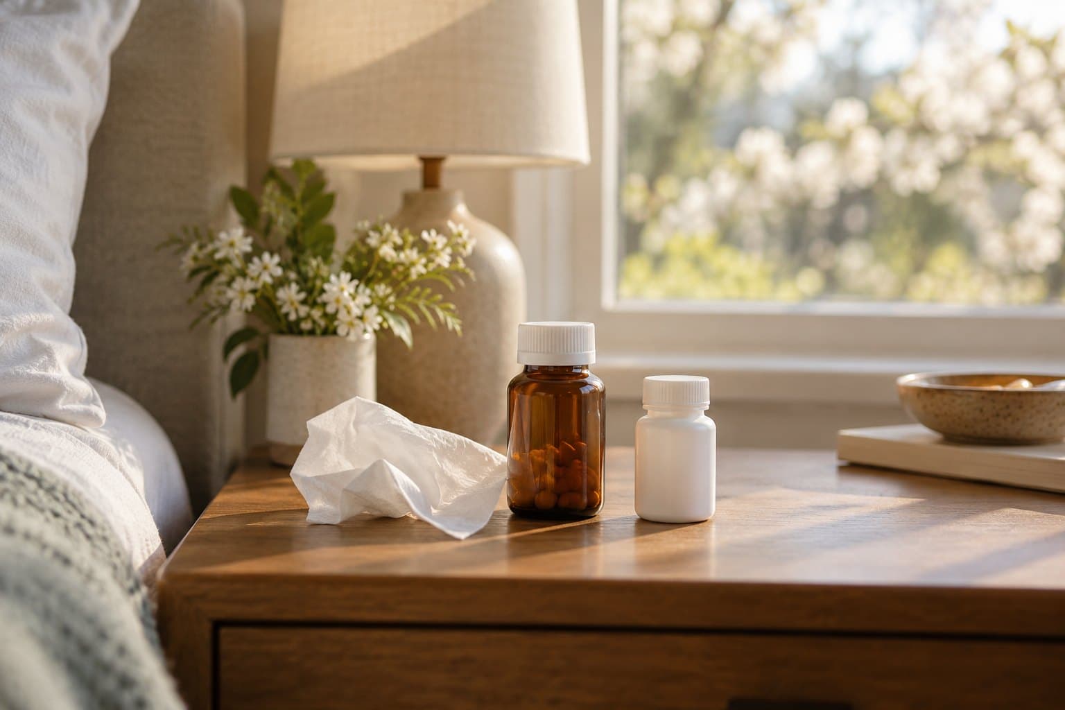 Two small plain medicine bottles on a warm wood bedside table, a soft white tissue between them and spring pollen-like tree bokeh beyond the window