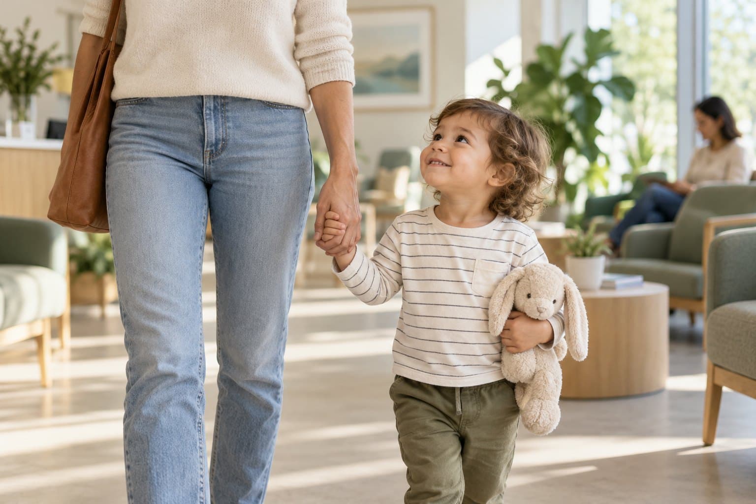 An adult's natural hand holding a toddler's hand in a bright calm modern clinic waiting area, cropped figures in everyday clothing, sage upholstery, no needles or paperwork