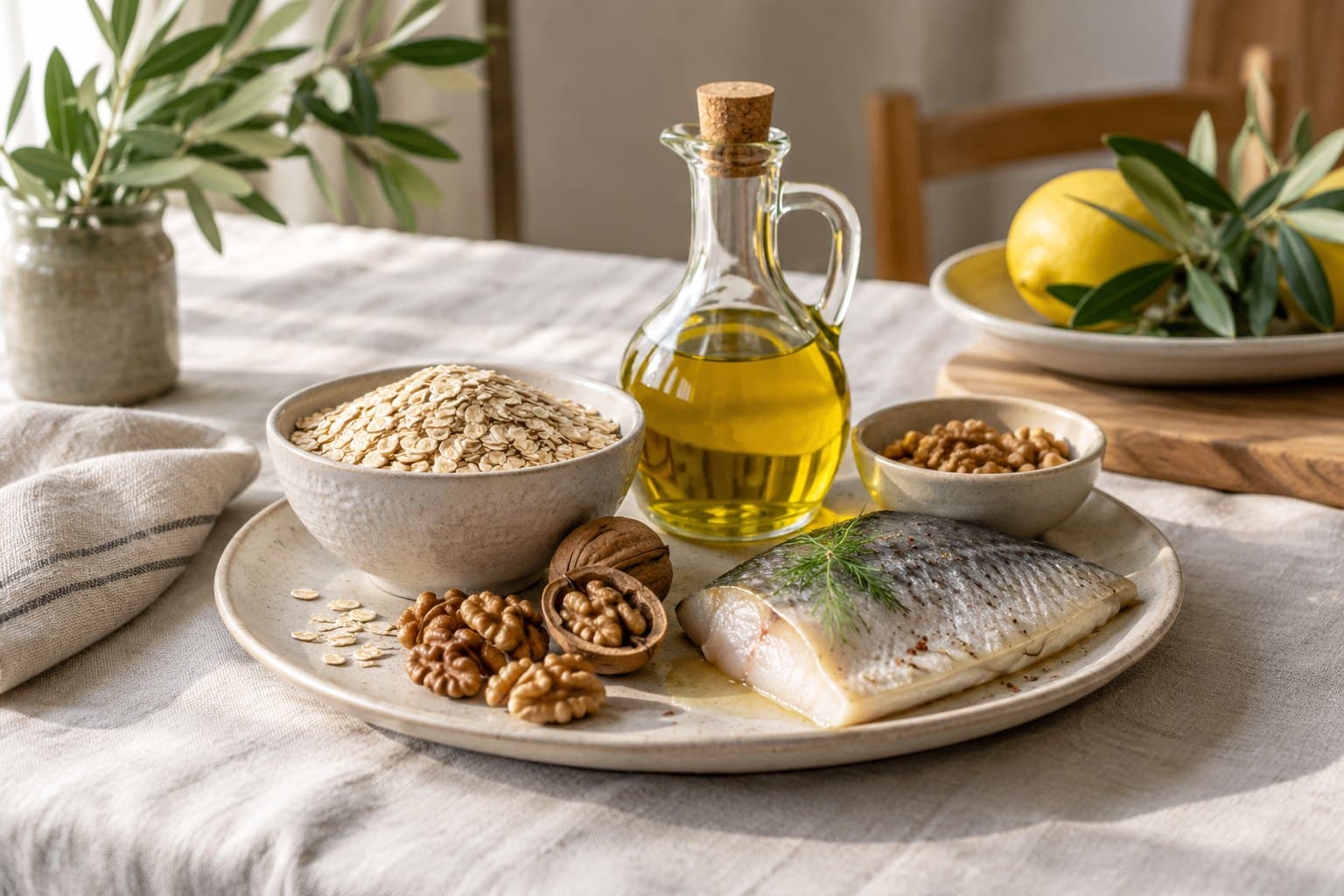 A sculptural plate of oats, walnuts, olive oil in a plain glass cruet and a small fish fillet on light linen, modern nutrition magazine composition