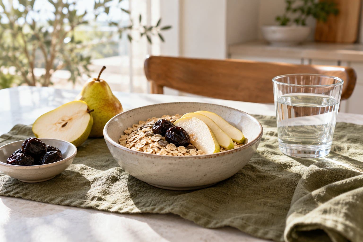 A shallow stoneware bowl of rolled oats, cut pear, a few prunes and a clear glass of water, on a bright modern breakfast table with olive linen