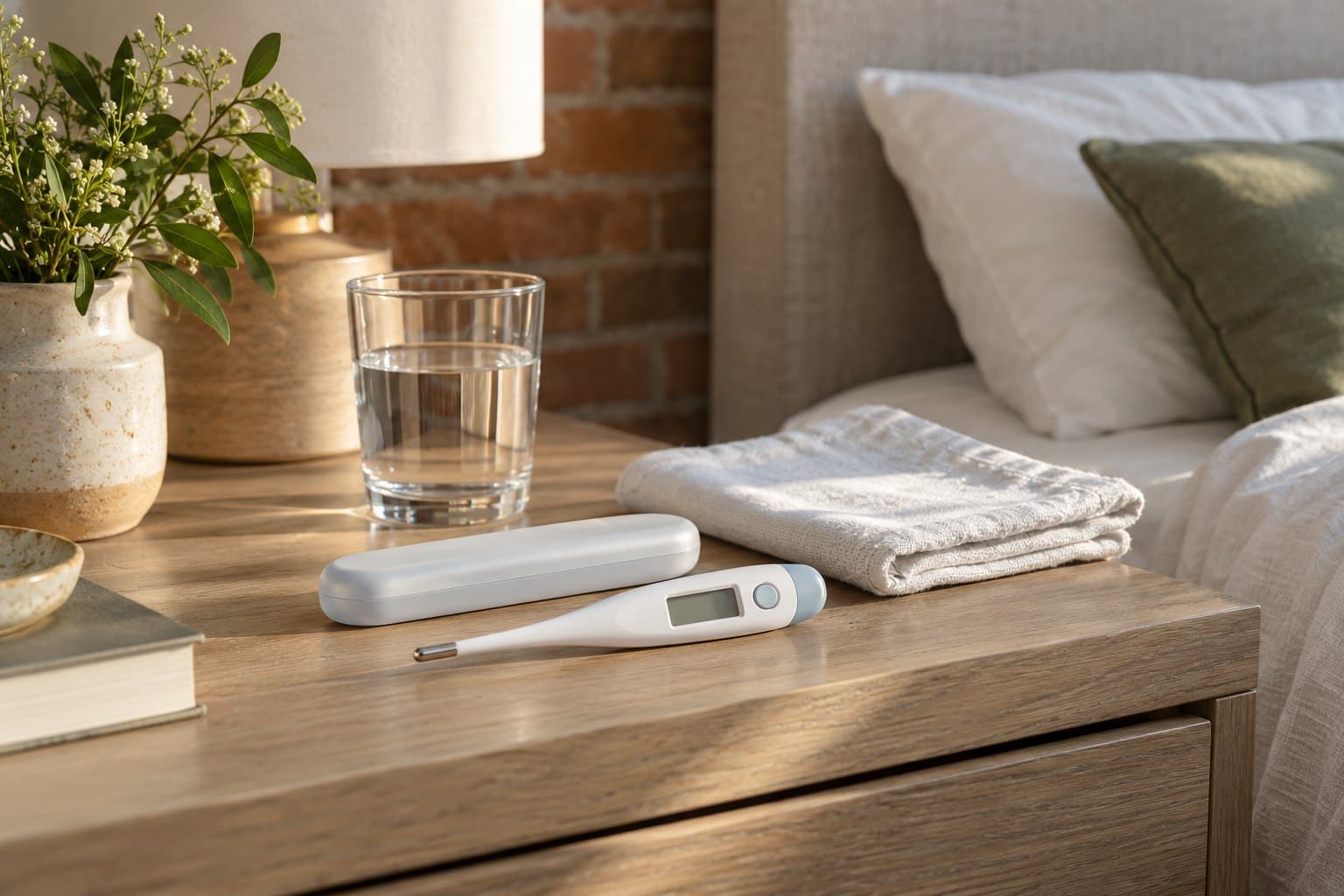 A blank-display digital thermometer in its case beside a water tumbler and a folded cotton sheet on a modern bedside table, soft brick accent, calm fever-monitoring still life