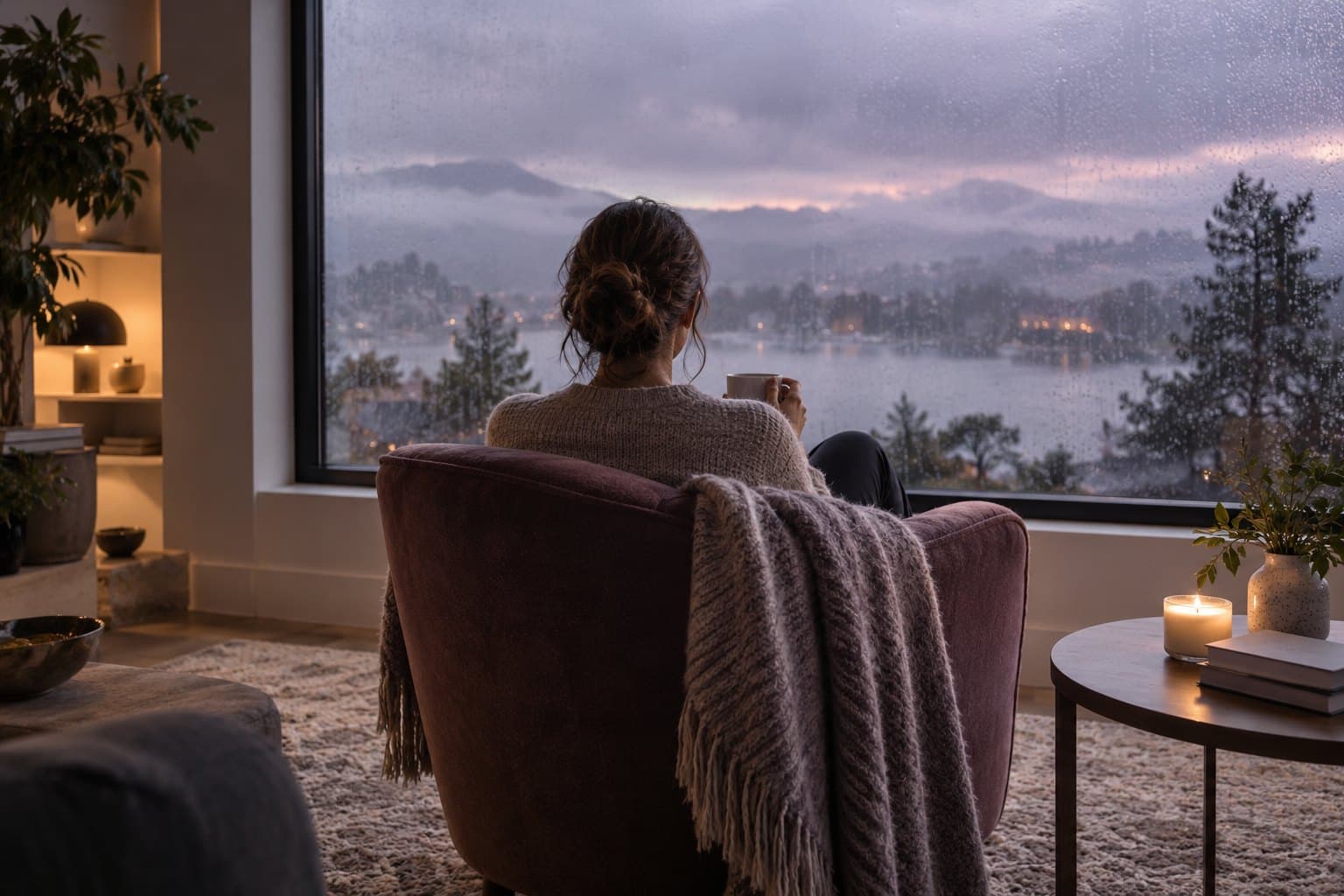 A solitary adult seen from behind seated in a comfortable armchair by a broad rain-streaked window in a refined contemporary living room, gentle muted plum light, contemplative and respectful