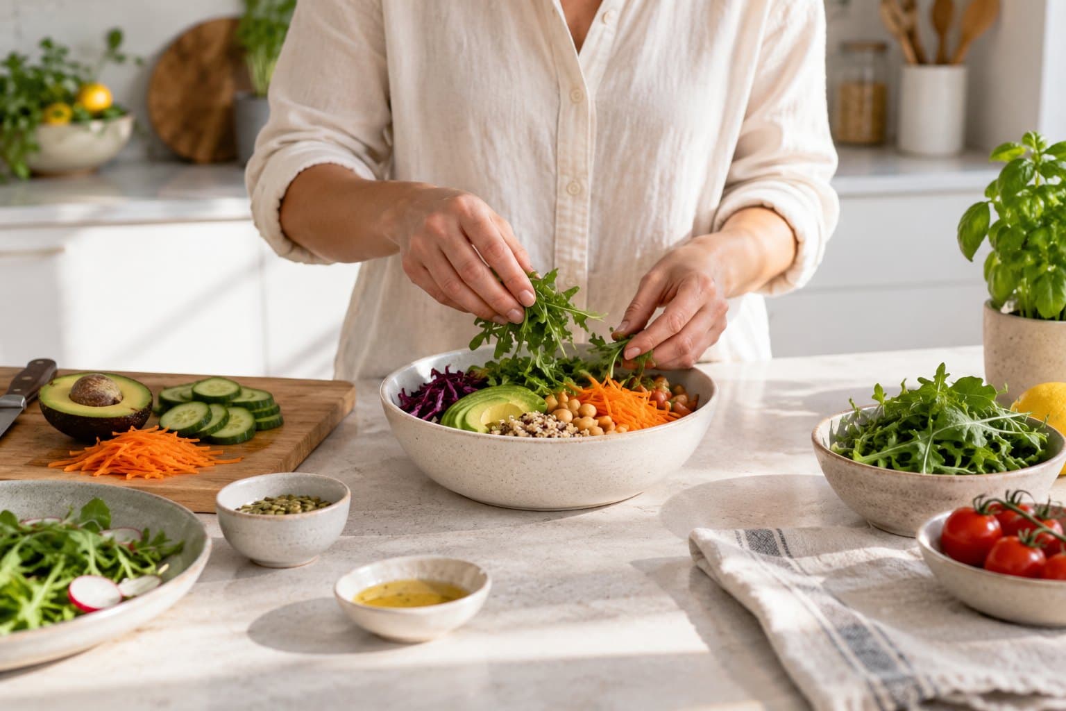 A person in a simple cream shirt preparing a colourful modest lunch in a clean minimalist kitchen, cropped natural hands placing vegetables into a ceramic bowl