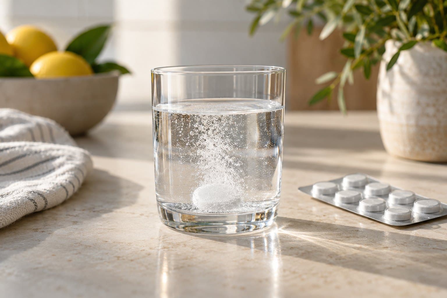 A clear water tumbler containing a dissolving white tablet, fine gentle bubbles visible in macro detail, an untouched plain foil blister softly out of focus on pale limestone