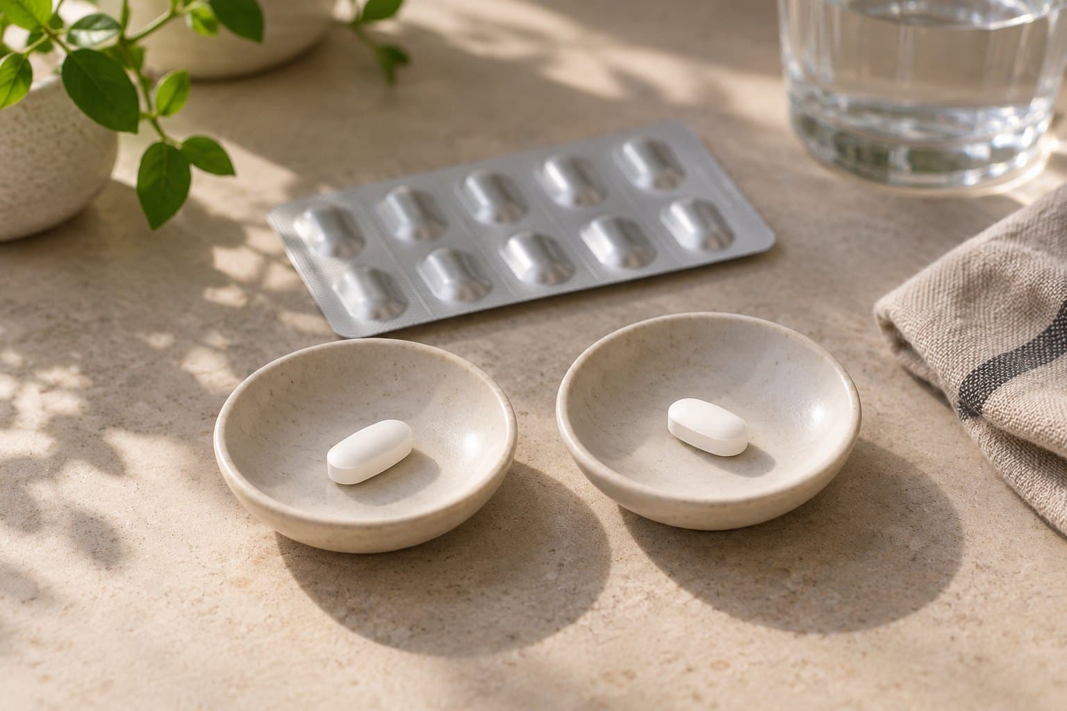 Two identical unmarked white tablets in separate small ivory ceramic dishes, one blank foil blister behind, pale clay countertop and controlled editorial daylight