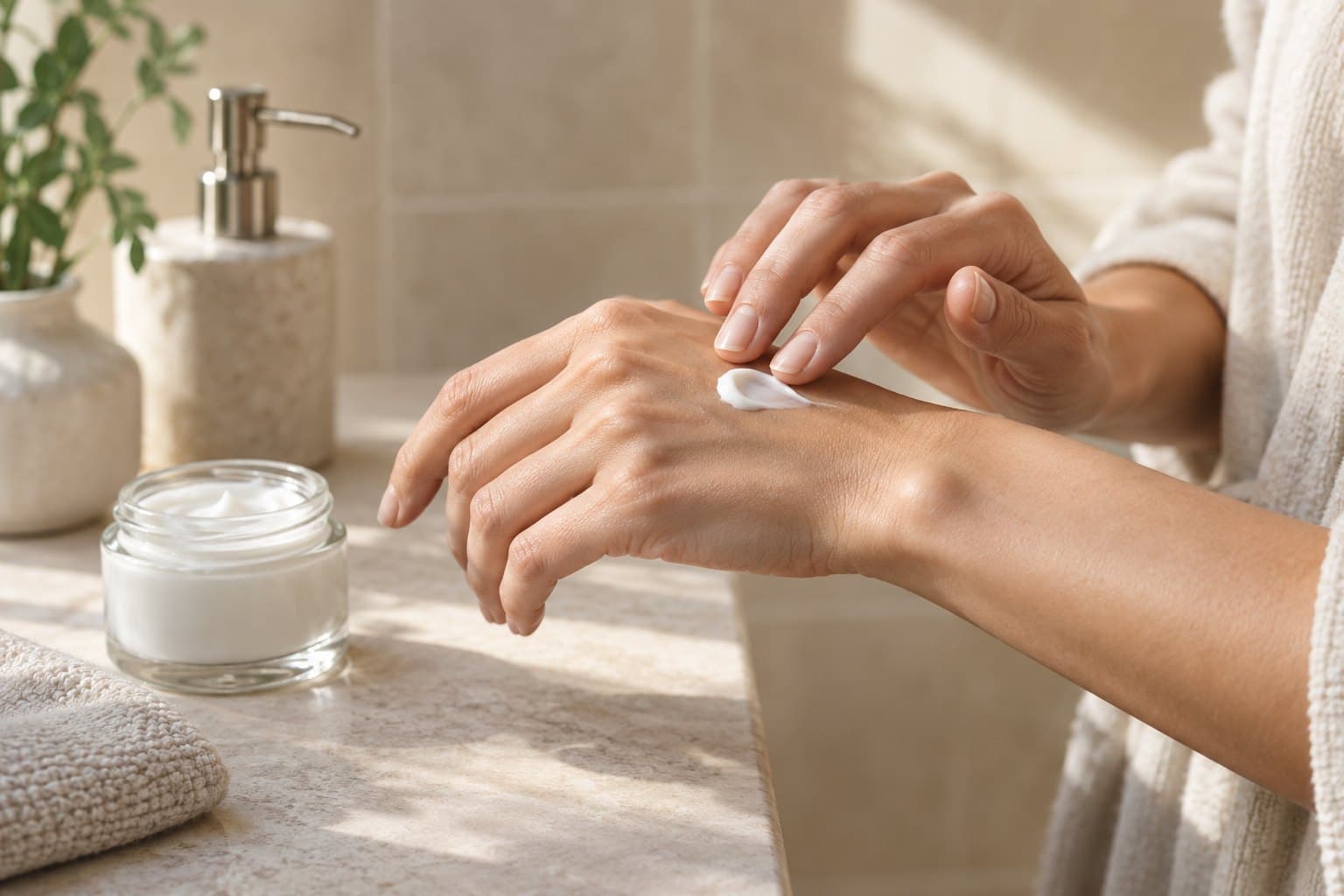 A close-up of natural adult hands applying a small amount of white moisturiser beside an open plain glass cream jar, soft beige bathroom tiles and warm daylight