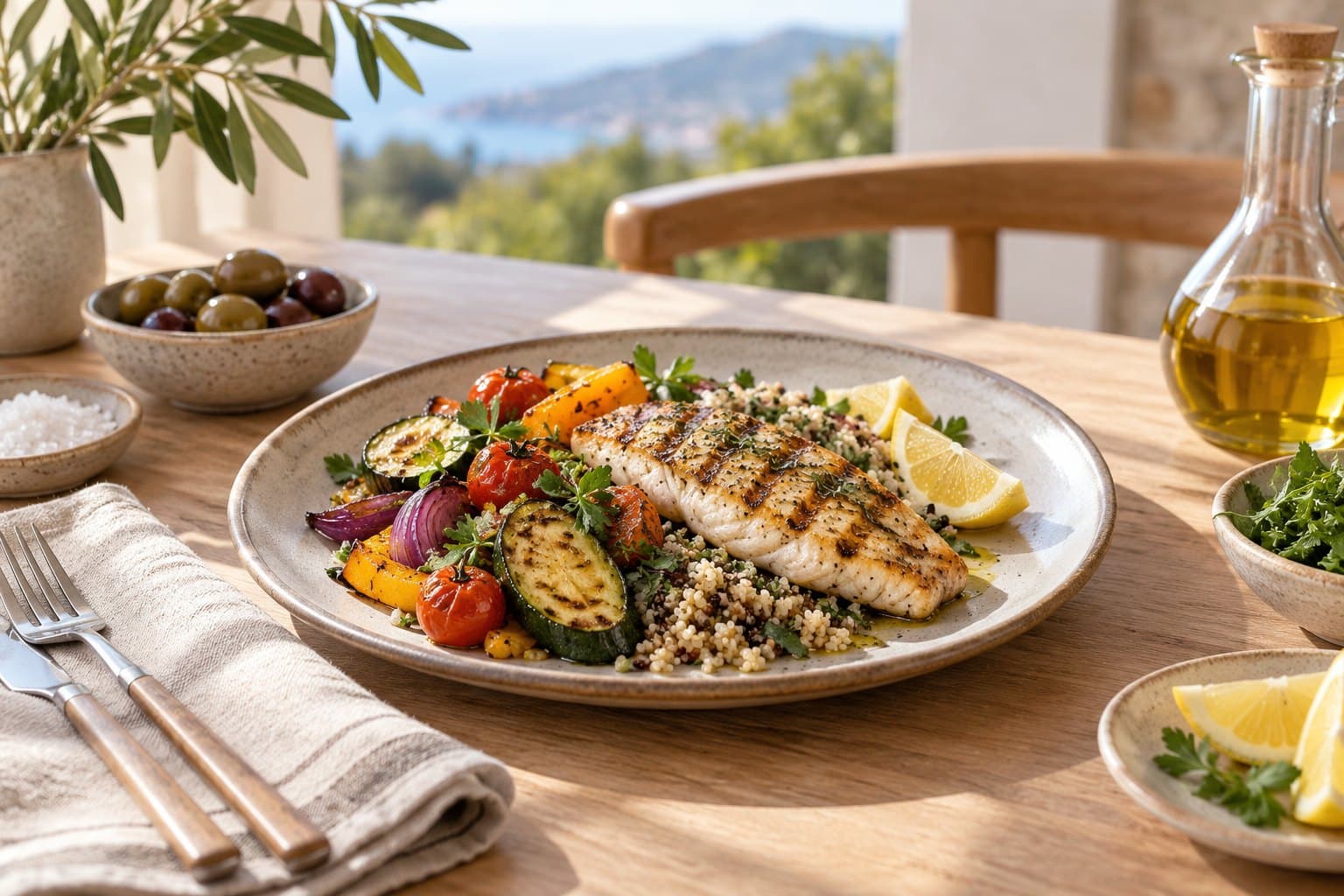 A carefully portioned contemporary plate of roasted vegetables, whole grains and grilled fish, beside olive oil on a pale oak table, natural olive and wheat tones