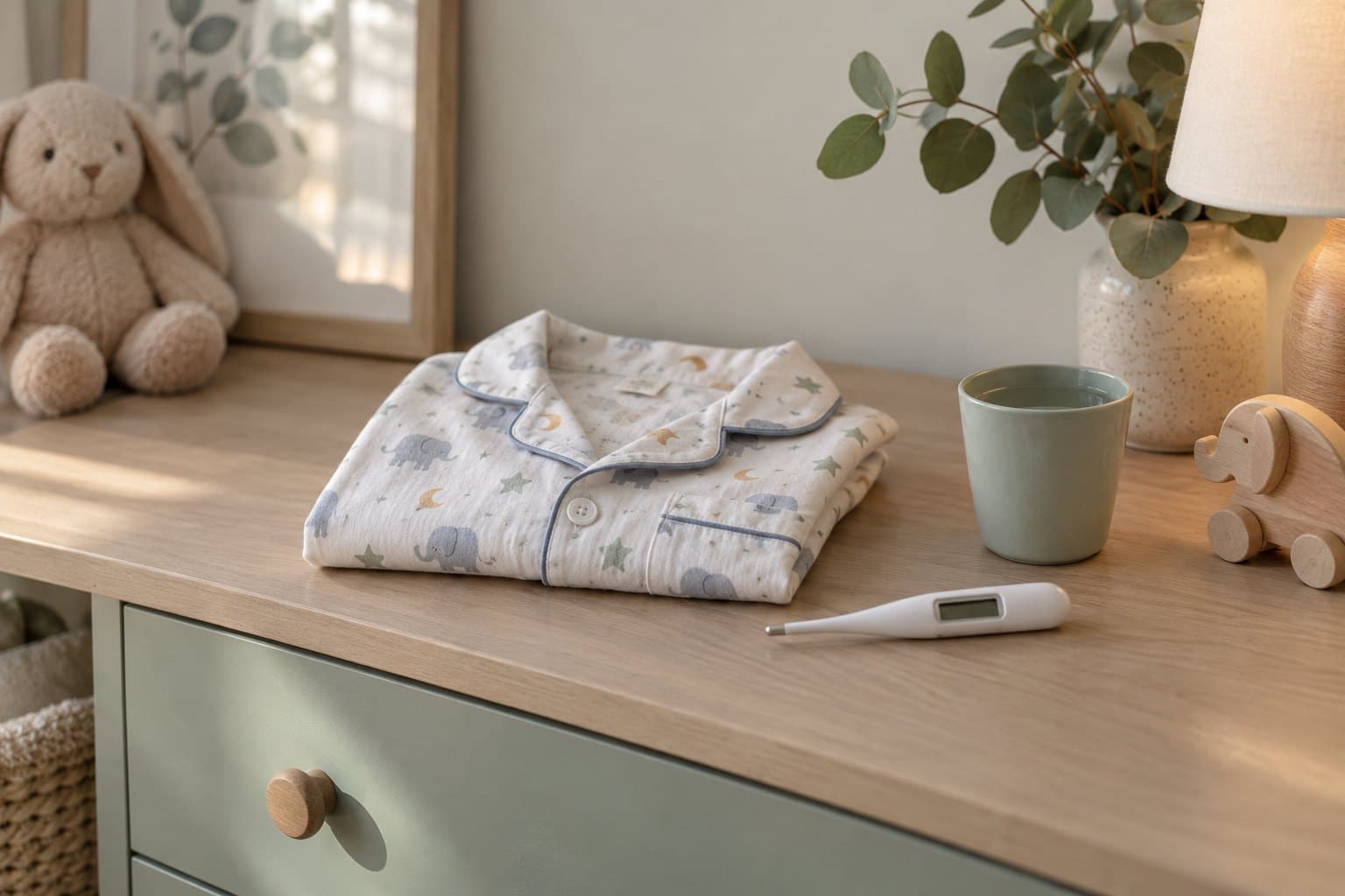 A folded child-sized cotton pyjama top, closed blank-display digital thermometer and small water cup on a modern nursery dresser, muted eucalyptus light, no child