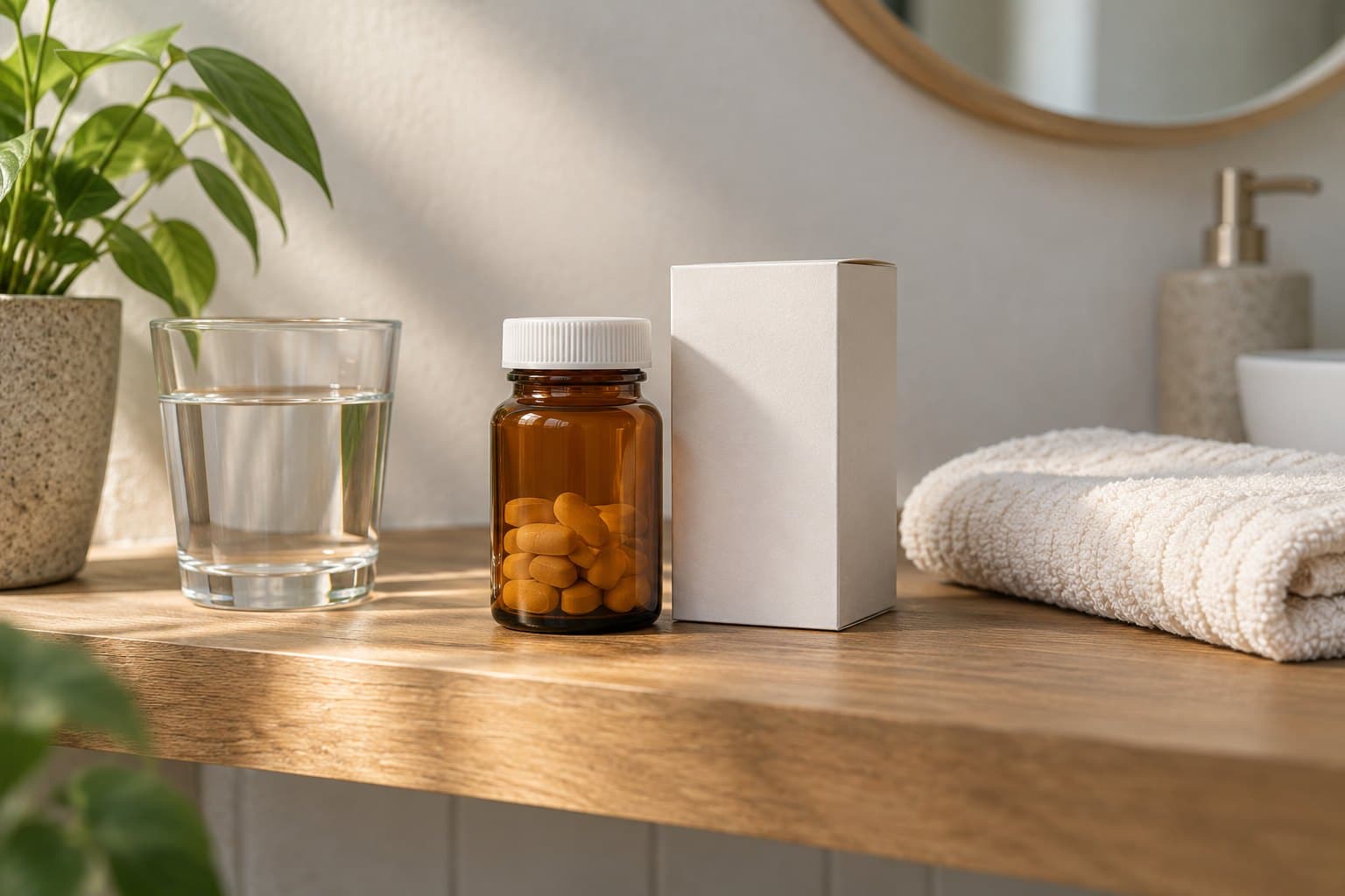 A closed amber prescription bottle beside its plain blank carton, a water glass and a folded cream cotton towel on a warm modern bathroom shelf