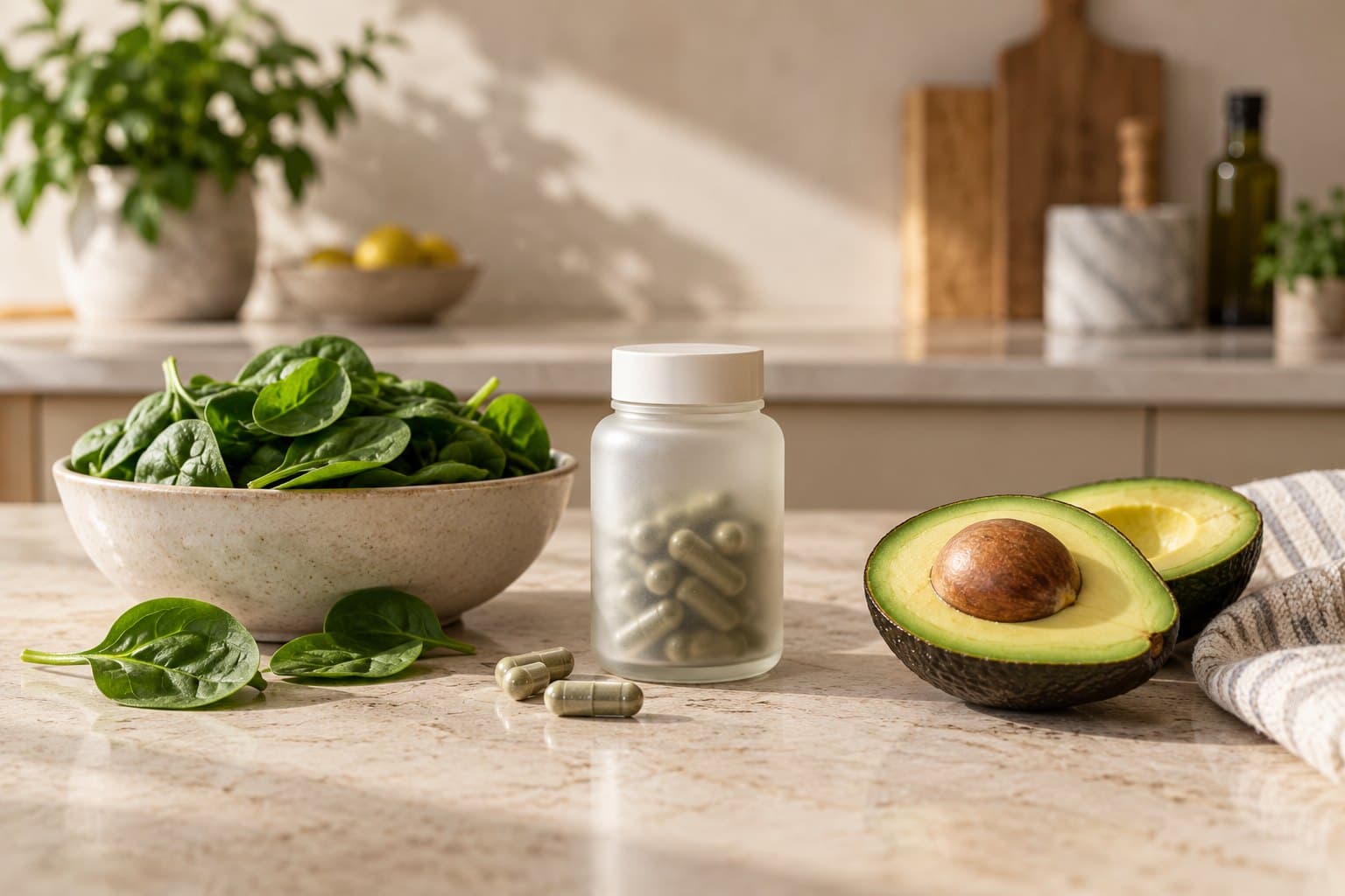 A small frosted supplement bottle beside a bowl of green spinach leaves and a sliced avocado on a creamy travertine kitchen worktop