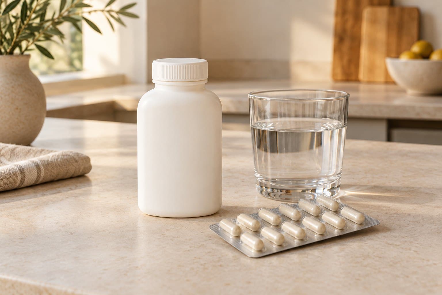 An opaque unbranded liquid-medicine bottle beside a capsule blister and glass of water