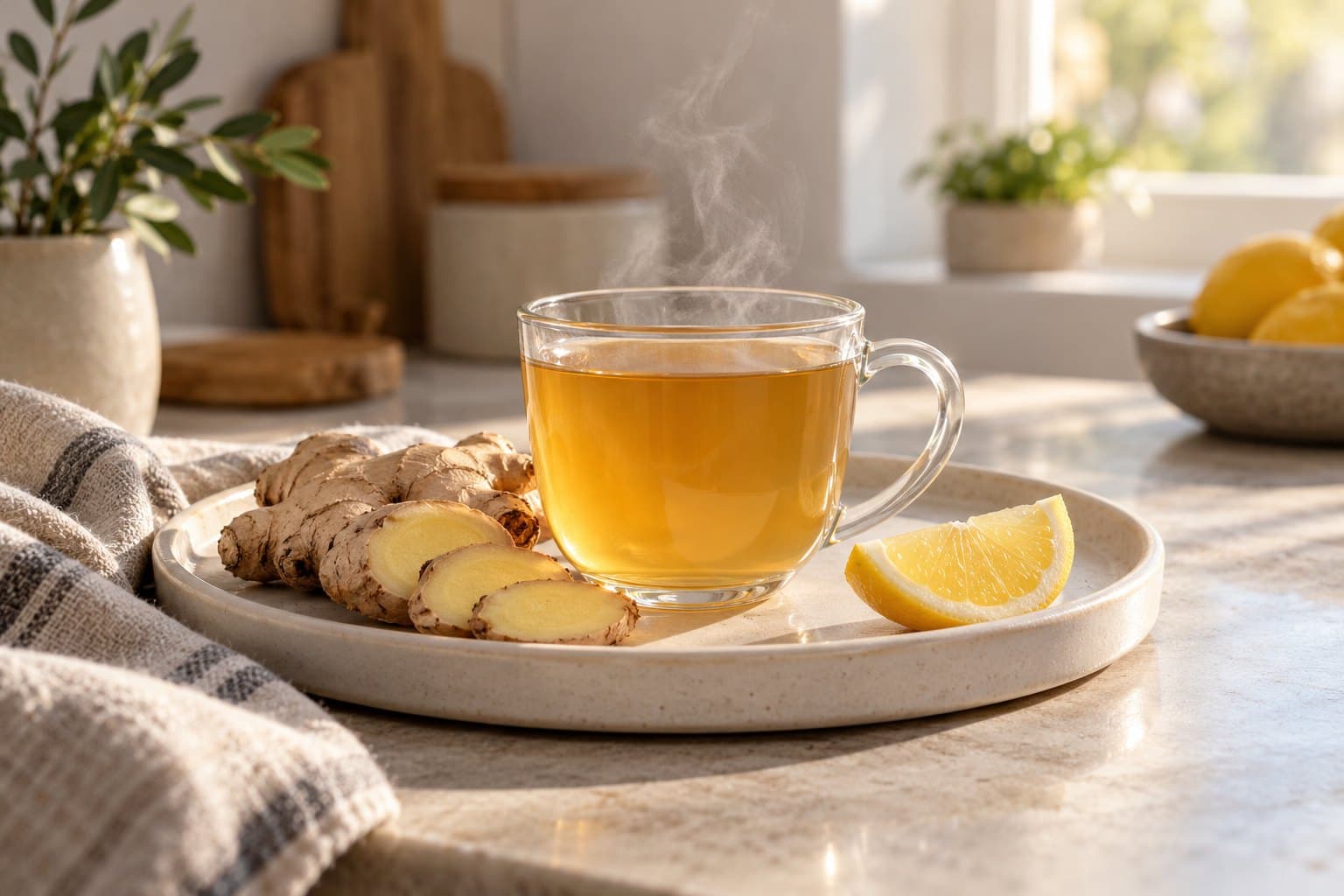 A translucent glass cup of warm ginger tea with delicate steam, fresh sliced ginger root and one lemon wedge on a pale ceramic tray, soft amber morning light