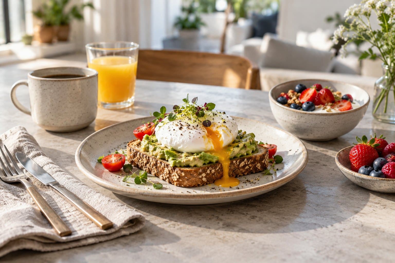A beautiful modern breakfast with a poached egg on wholegrain toast, a small yogurt bowl and sliced berries on cream stoneware in morning light