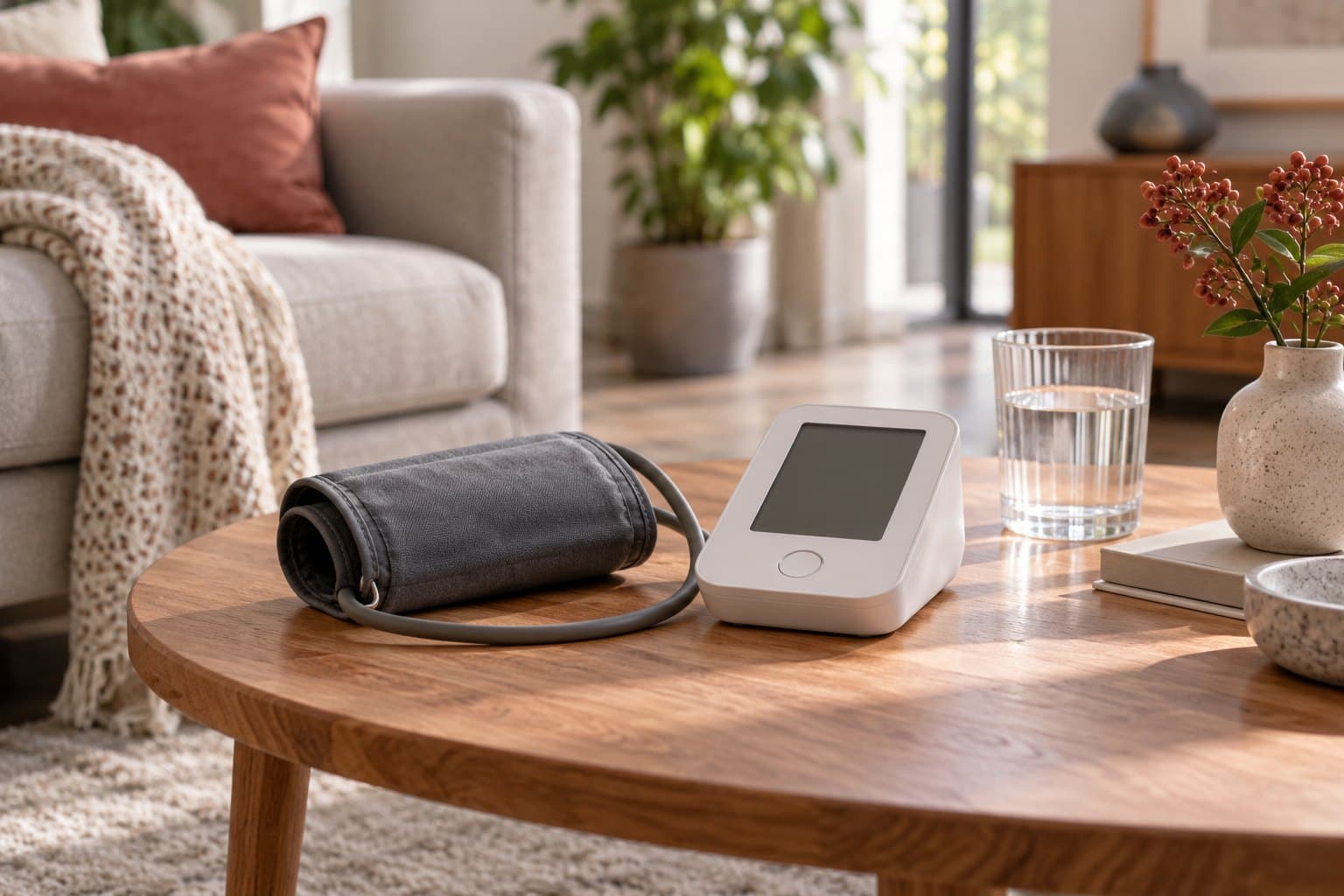 A home blood-pressure monitor and cuff on a modern living-room side table