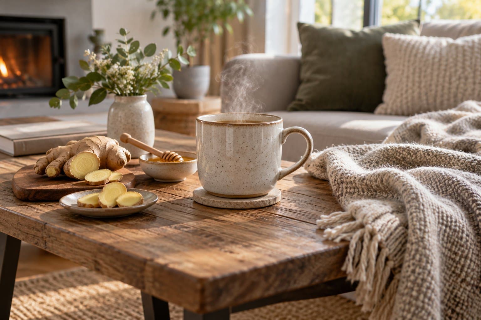 A steaming ceramic mug with sliced ginger and a small bowl of honey beside a warm cotton throw on a contemporary coffee table, calm cosy interior