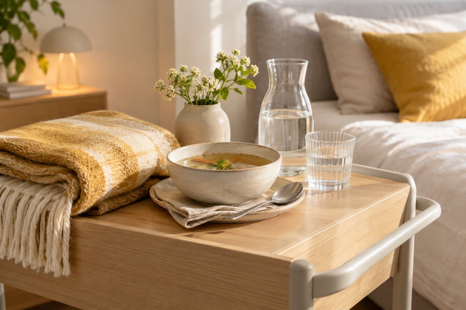 A ceramic bowl of clear soup, folded cotton blanket and plain water jug on a contemporary bedside trolley, soft saffron and cream palette