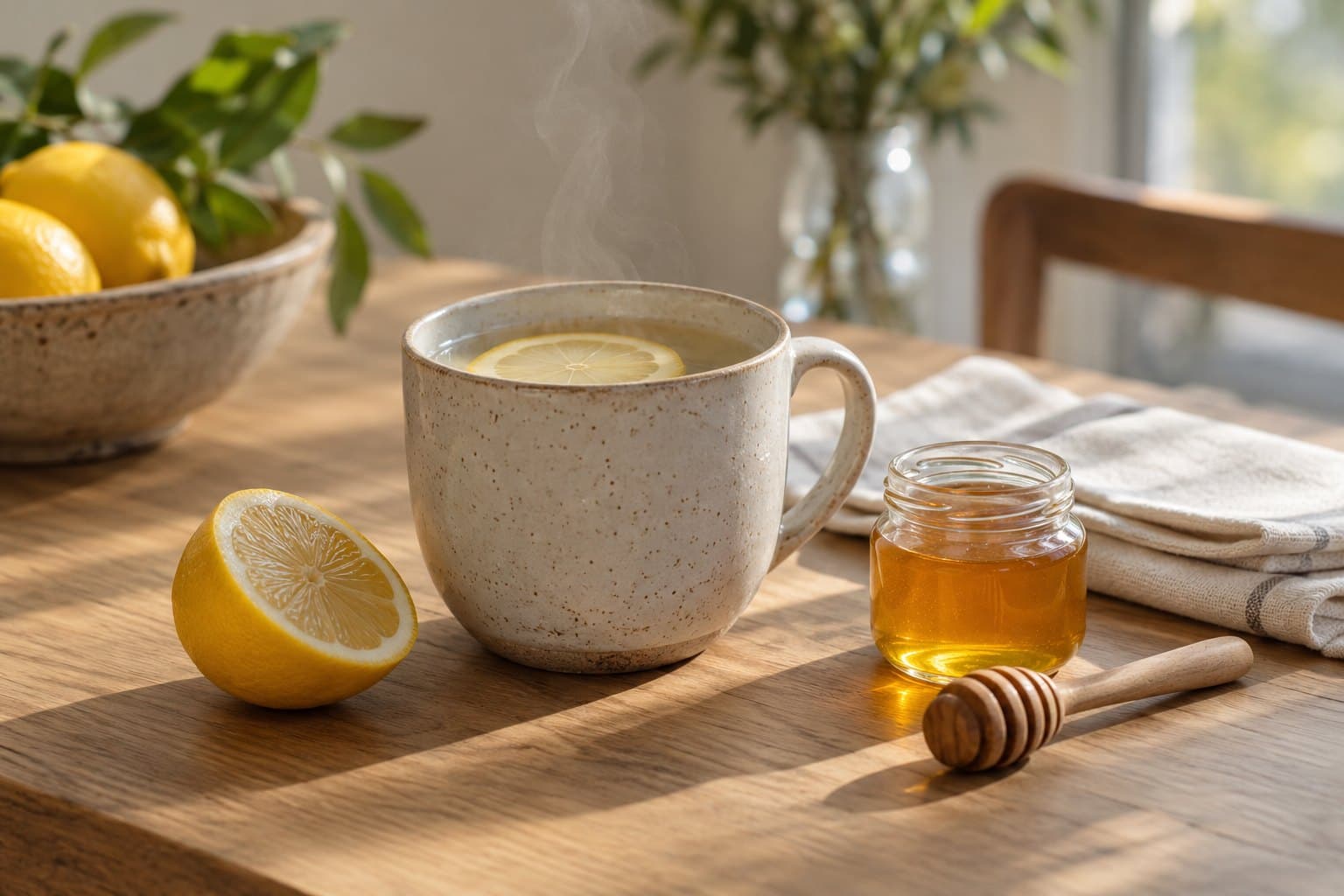 A ceramic mug of warm lemon water, a small plain honey jar and a neatly folded cream napkin on light oak, intimate still life with delicate steam