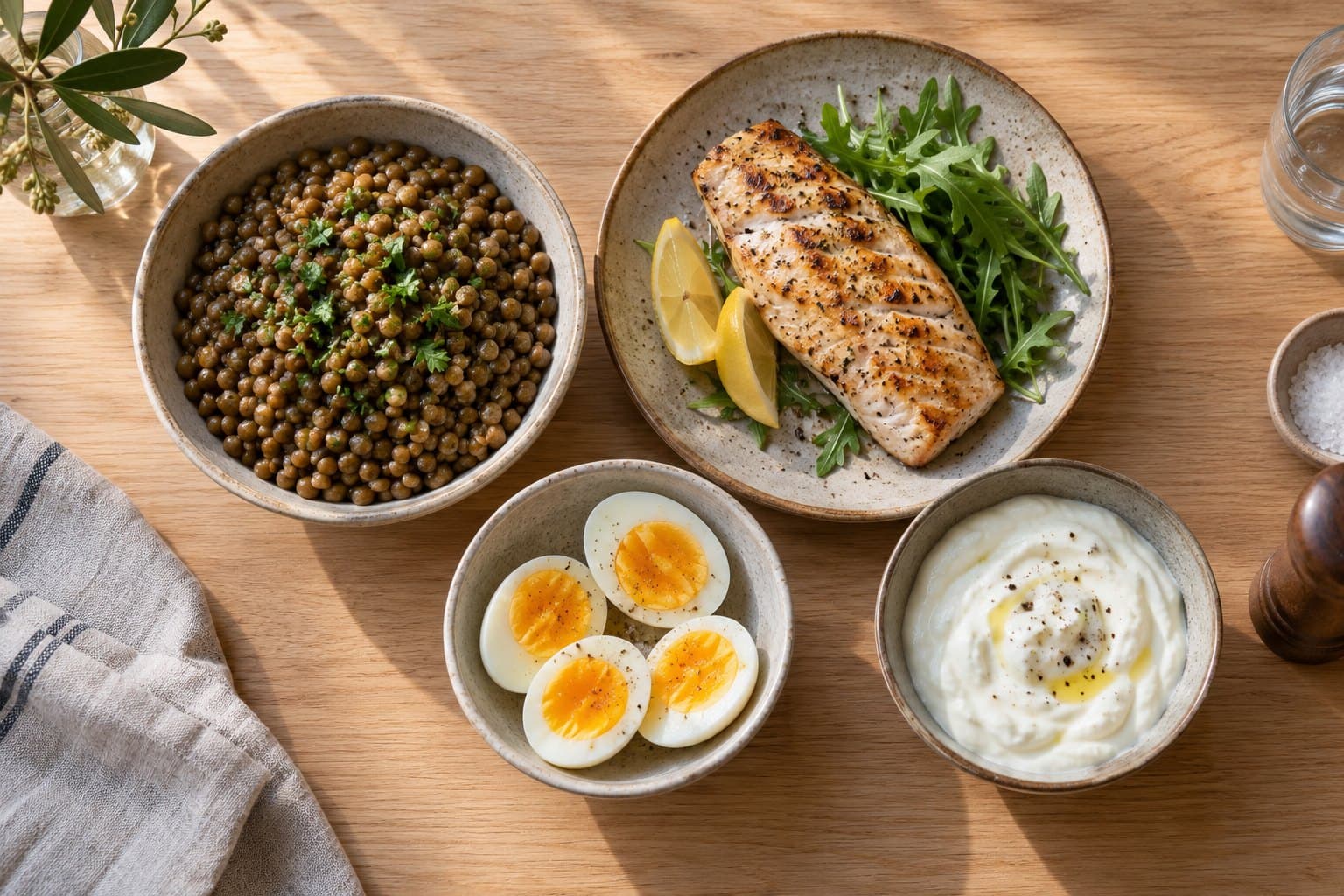 An overhead still life of lentils, boiled eggs, grilled fish and plain Greek-style yogurt in separate handmade ceramic bowls on light oak, restrained modern food-magazine composition