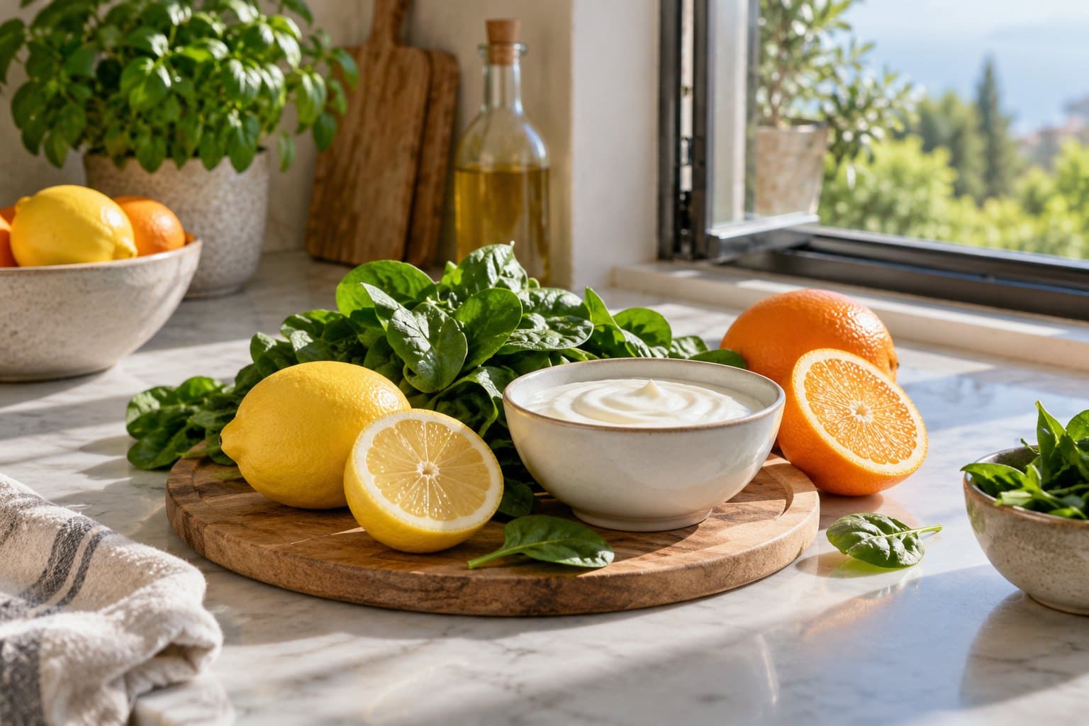 Fresh citrus, spinach and a small bowl of plain yogurt on a sunlit kitchen counter beside an open window, refined natural nutrition photography