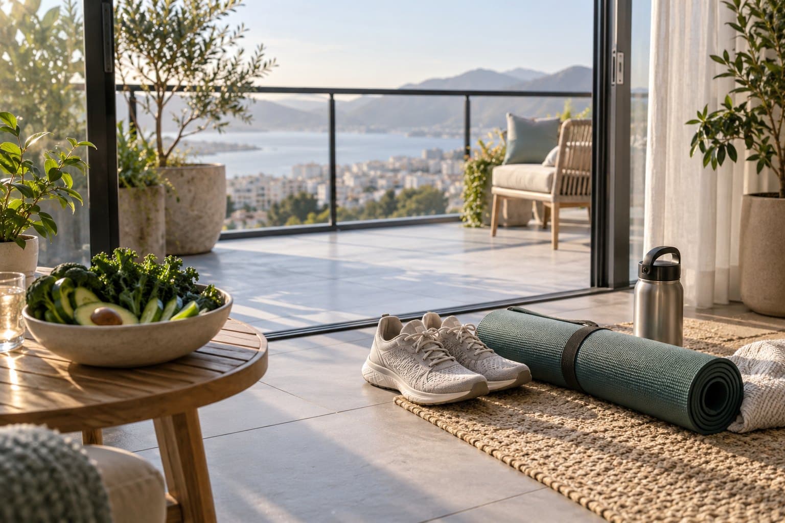 A modern pair of walking shoes beside a folded fitness mat at an open apartment balcony, a modest bowl of green vegetables on a nearby table, calm morning light