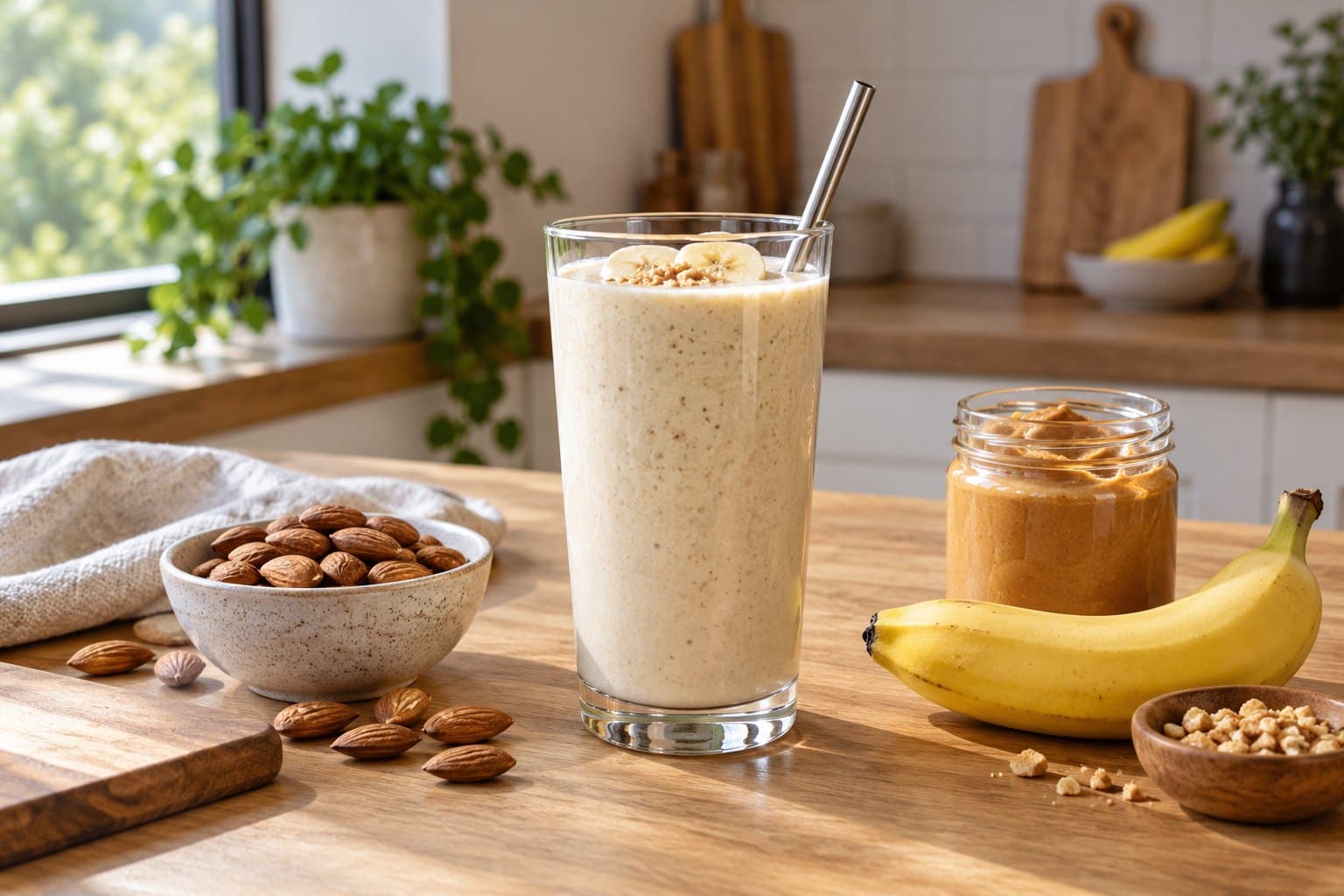 A tall glass of thick banana smoothie beside almonds, peanut butter in a plain glass jar and a banana on an oak breakfast counter, warm oat palette