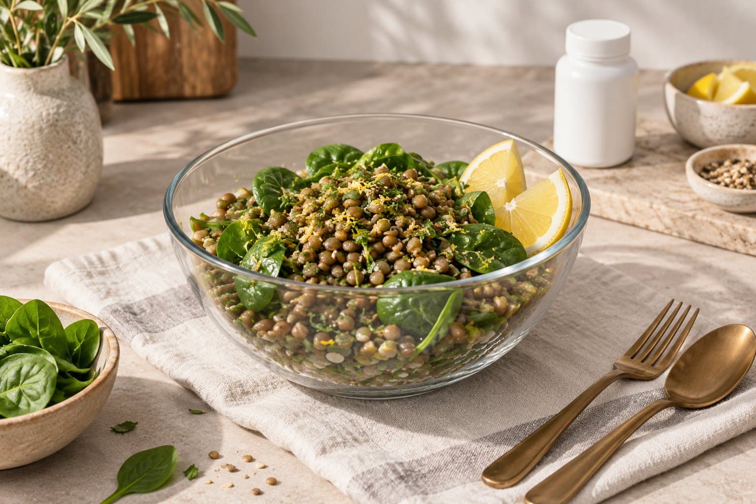 A glass bowl of lentils with baby spinach and bright lemon wedges, a small plain supplement bottle behind, warm bronze flatware on cream linen