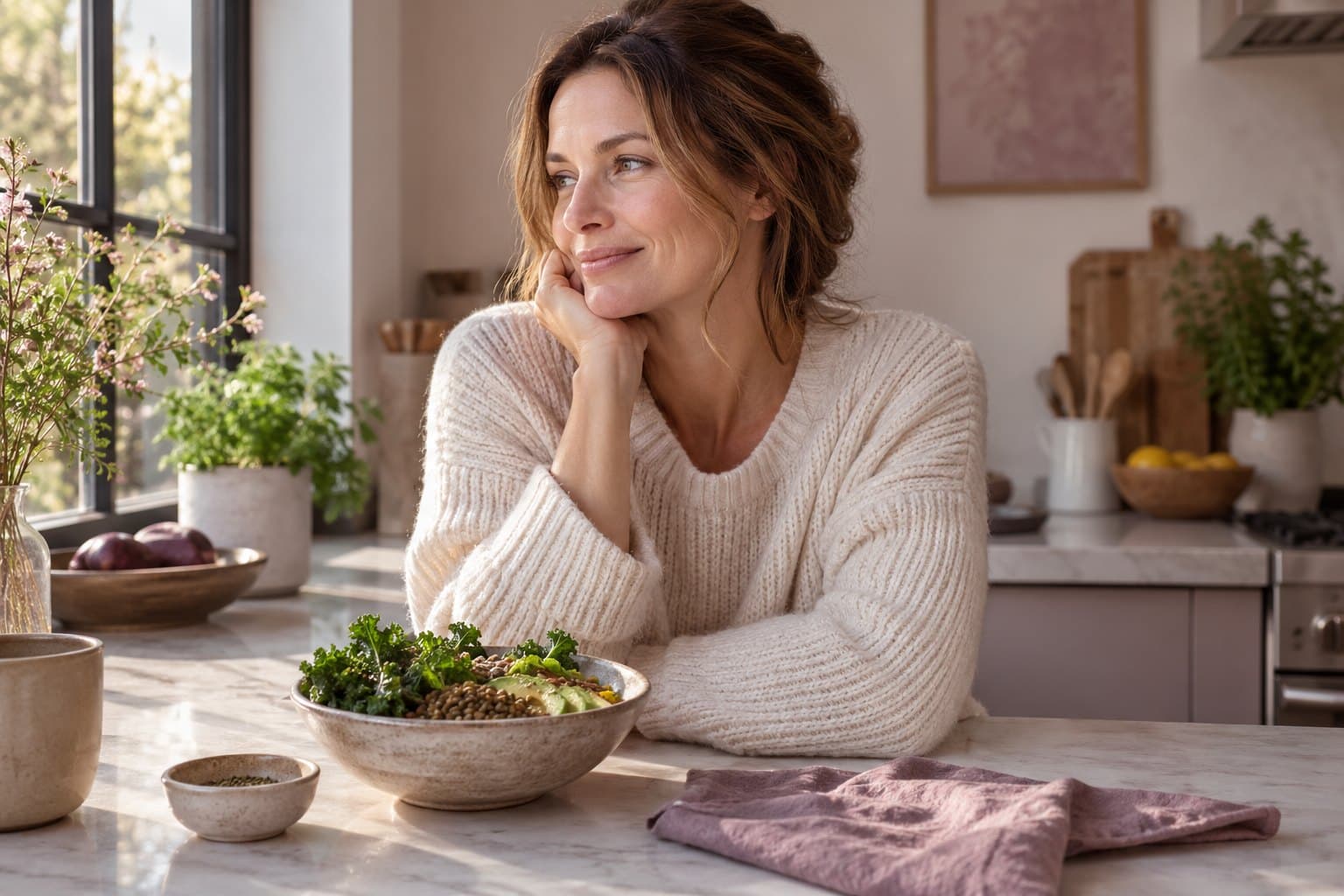 A cropped woman in a cream sweater resting by a bright kitchen window with a bowl of leafy greens and lentils nearby, gentle natural expression if visible, soft warm mauve tones
