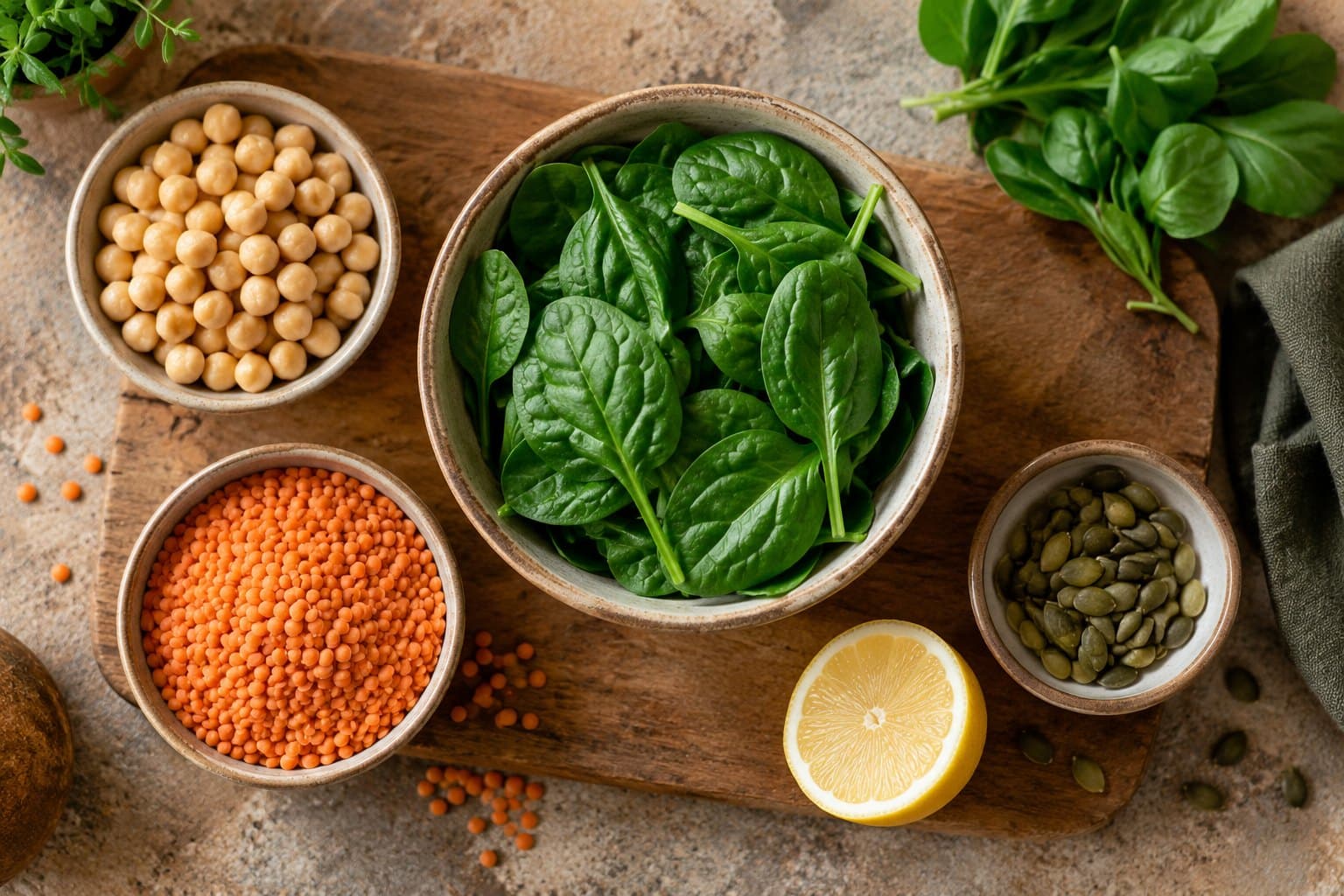 An overhead close food photograph of chickpeas, spinach, red lentils and a few pumpkin seeds in different small ceramic bowls, one cut lemon, earthy warm palette