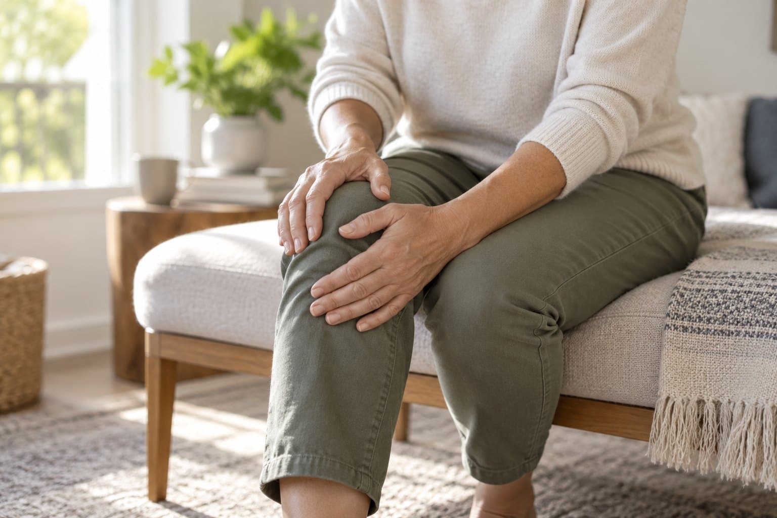 A cropped seated adult in casual trousers resting both natural hands on a bent knee on a modern upholstered bench, gentle morning light, no bruising or distress