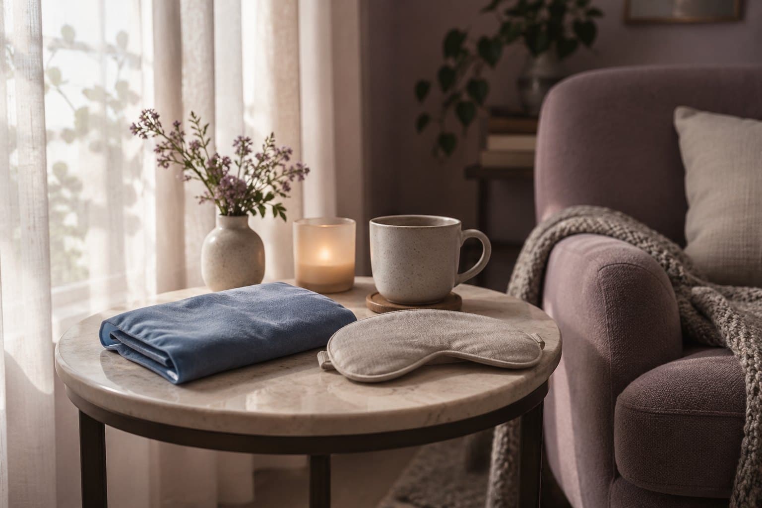 A folded cool compress and a linen sleep mask on a side table beside a dim comfortable armchair, sheer curtains filtering gentle light, muted mauve quiet room