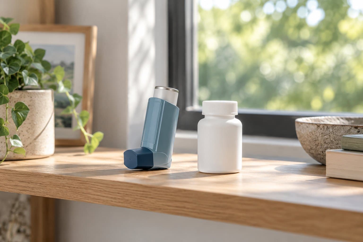A plain unbranded inhaler and closed tablet bottle side by side on a modern oak shelf, window and soft green tree bokeh behind